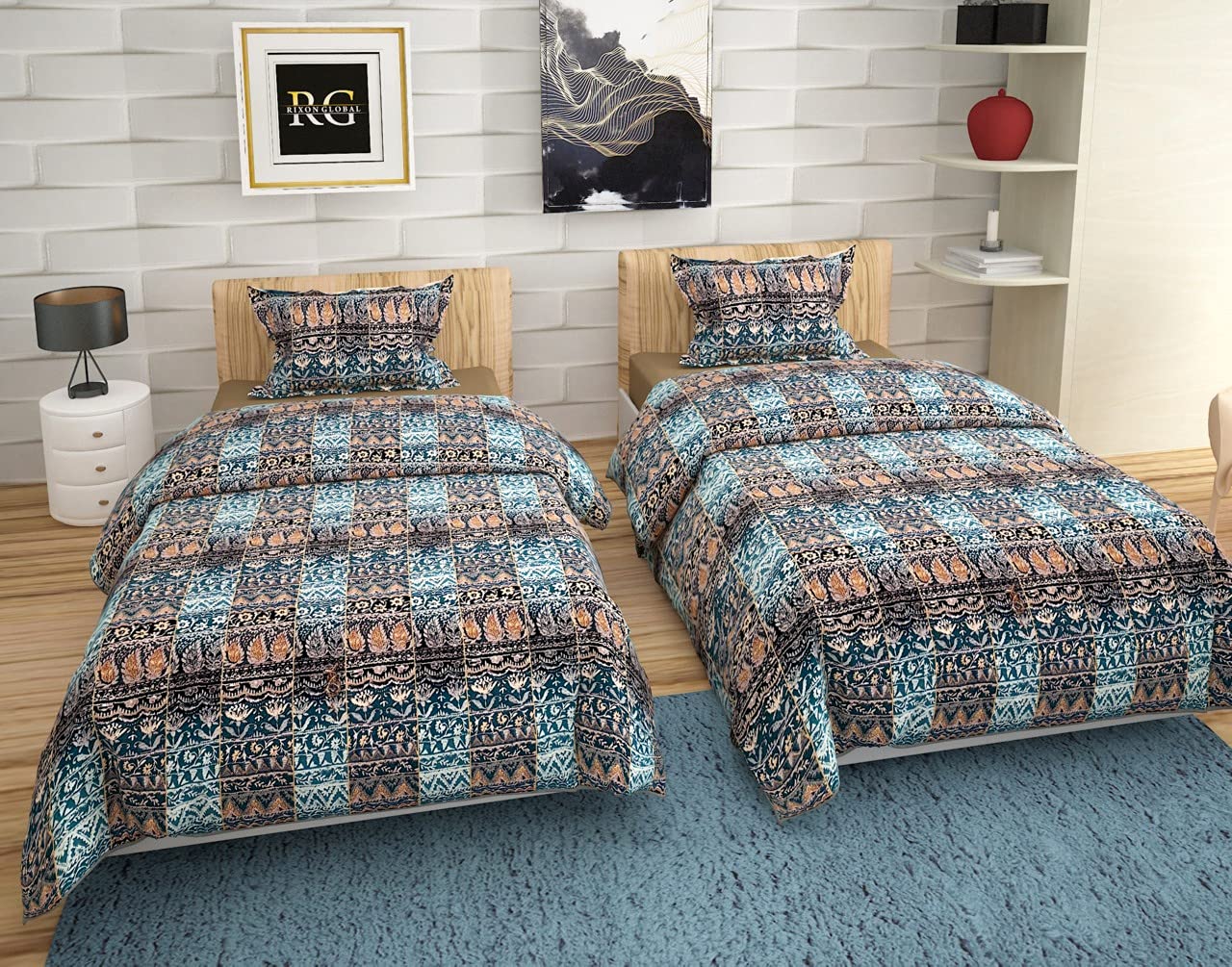 Rixon Global 200 TC Polycotton Bedsheets for Single Bed ( 70x 100 Inches ) , Full Size Super Quality 2 Single bedsheets with 2 Pillow Covers(2+2). (Boxes-Multi)