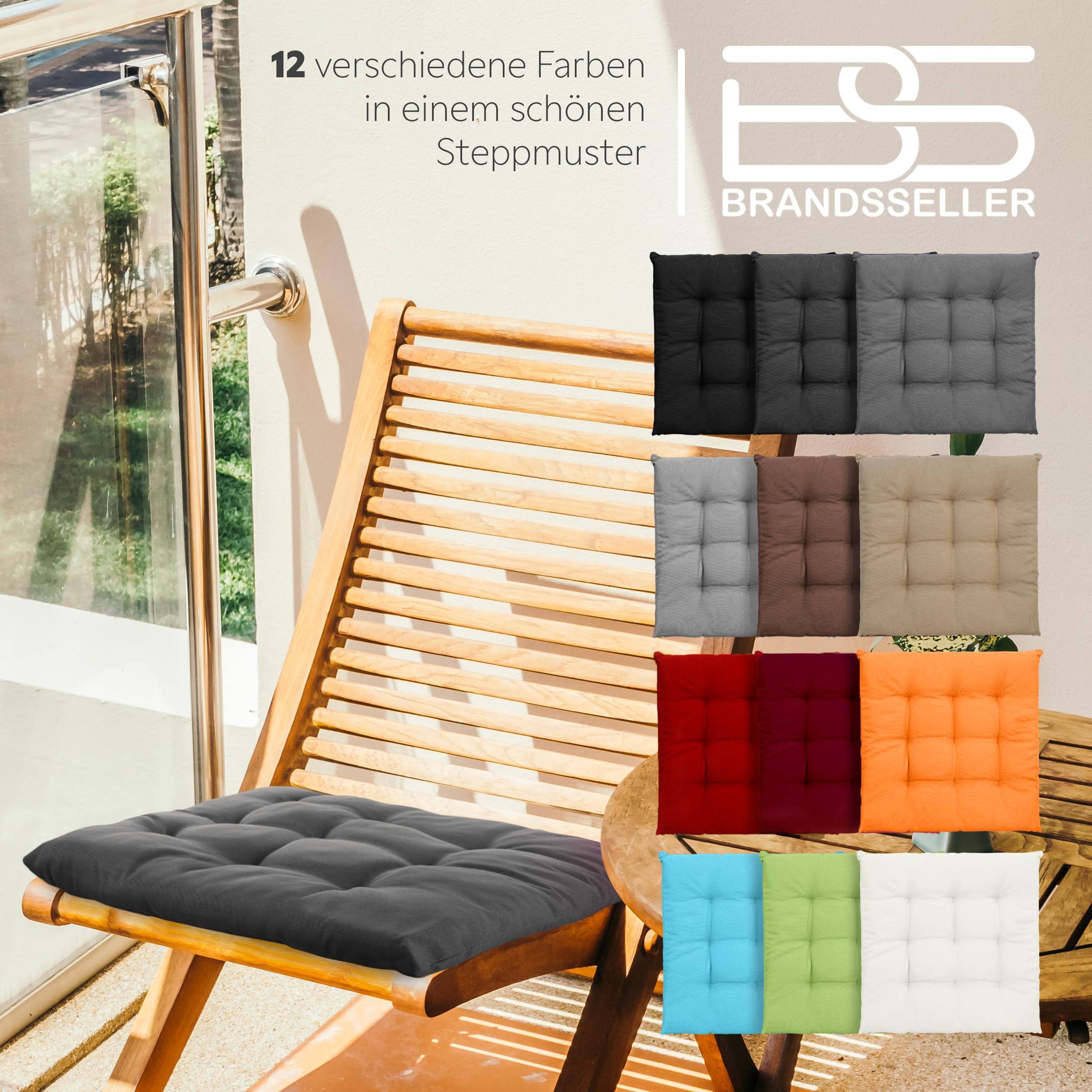 Brandsseller 6er Set Stuhlkissen 40x40x5 cm Sitzkissen Polster Stuhlauflage mit Haltebändern Dekokissen für Indoor Outdoor gesteppt - Anthrazit