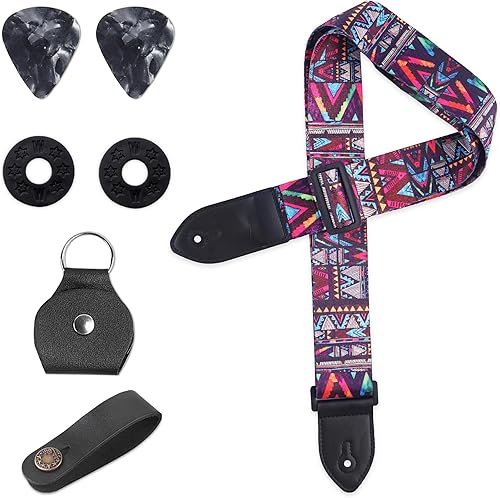 QIELIZI Correa ajustable para guitarra incluye 2 cierres de correa y 2 púas a juego y 1 portapúas y 1 botón de correa de cuero.
