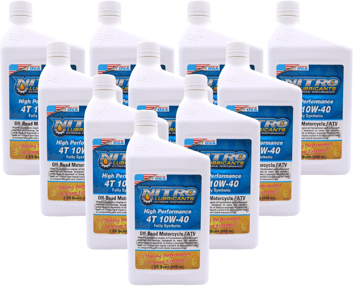 Nitro Lubricants 10W-40 4 Stroke Engine Oil – Semi-Synthetic, High Performance Formula for Motorcycles, ATVs & UTVs – Racing & Off-Road – Advanced Additive Technology – 1 Quart – Made in USA (10-Pack)