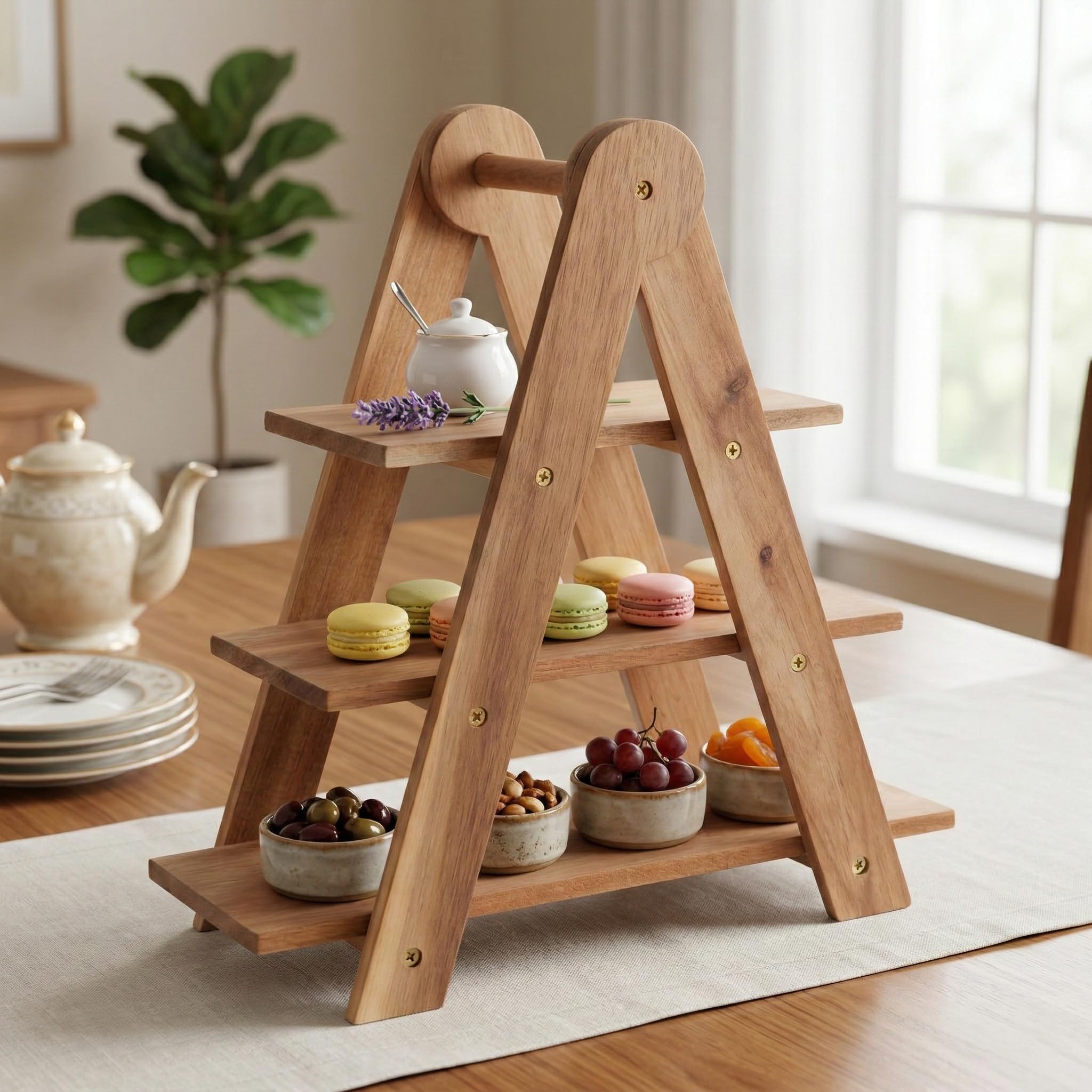 Deconox Doğal Akasya Ahşap 3 Katlı Sunum Standı - 37x12.3x37.5 cm Çok Amaçlı Katlı Servis Tepsisi, Kurabiyelik ve Peynir Sunumluğu