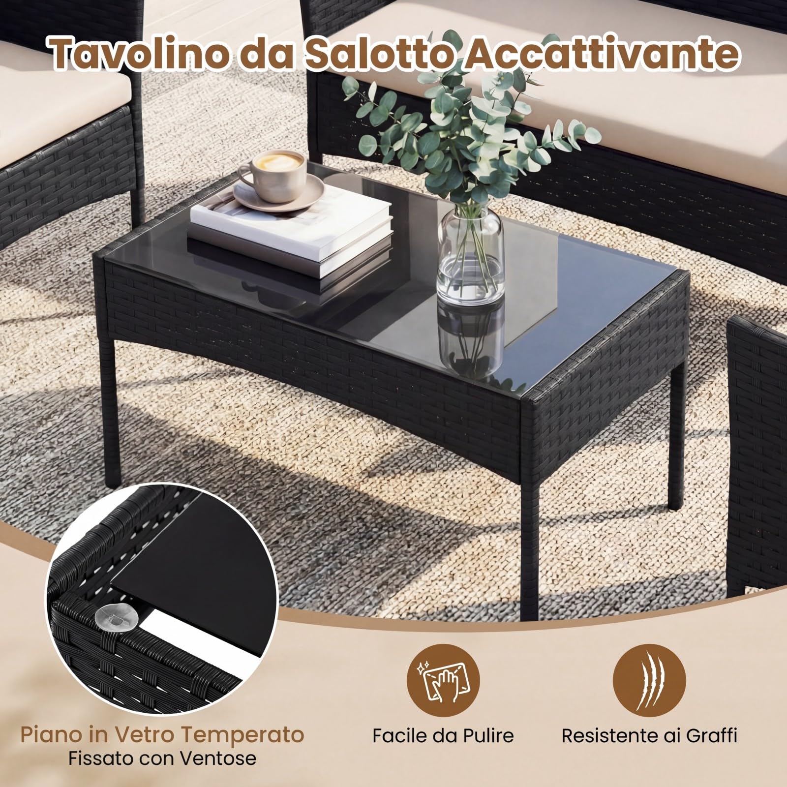 COSTWAY Set Salotto da Giardino 4 Pezzi, Divanetto da Esterno in Rattan PE con 2 Poltrone e Tavolino con Piano in Vetro Temperato, Cuscini Imbottiti e Telaio Metallo per Terrazzo e Balcone (Beige)