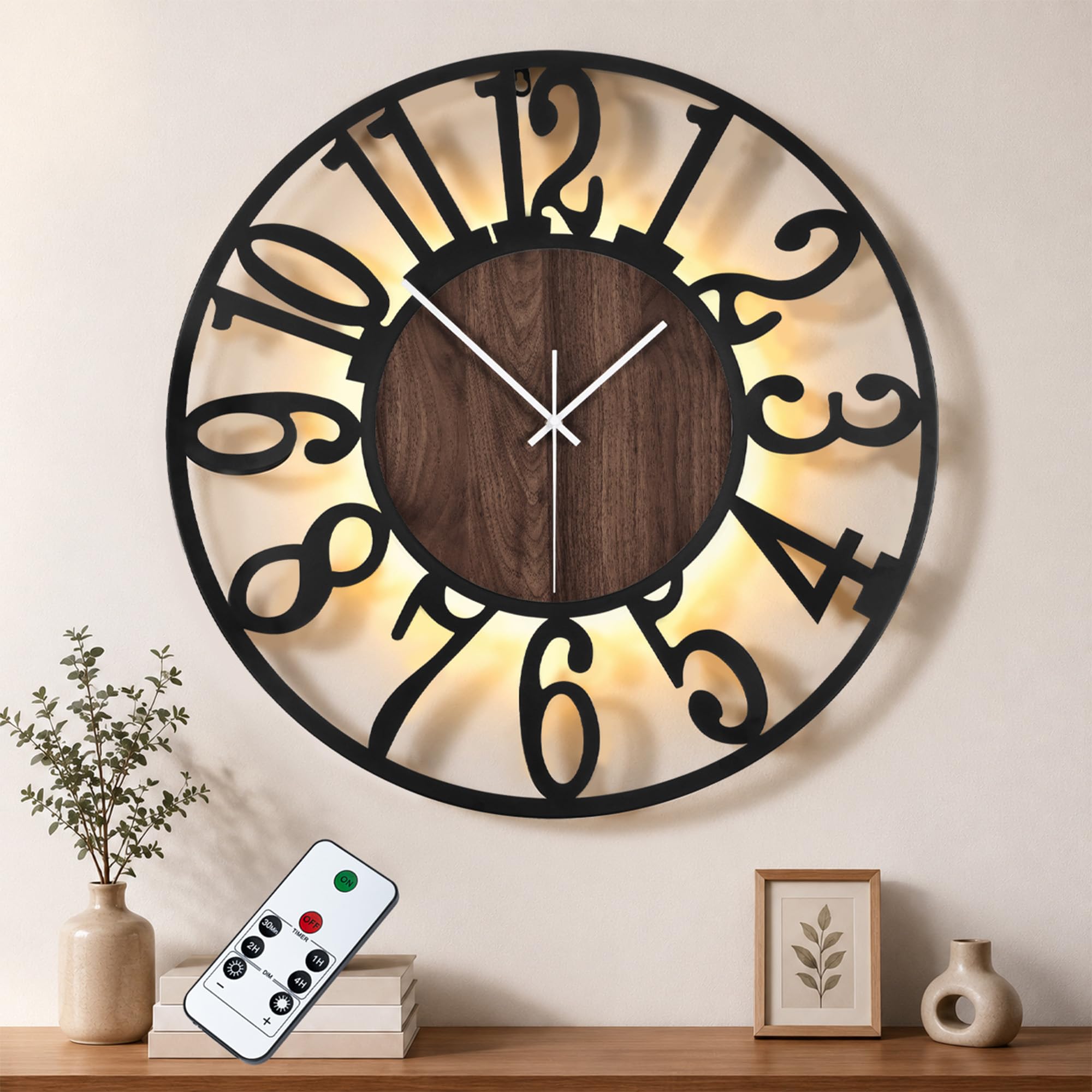 Maxstar Wall Clock For Living Room, Round Silent Non-Ticking Metal Clock with Remote Control Wall Mounted Black Clocks Battery Operated Hanging Clock with LED for Bedroom Kitchen Office, 60cm / 24in