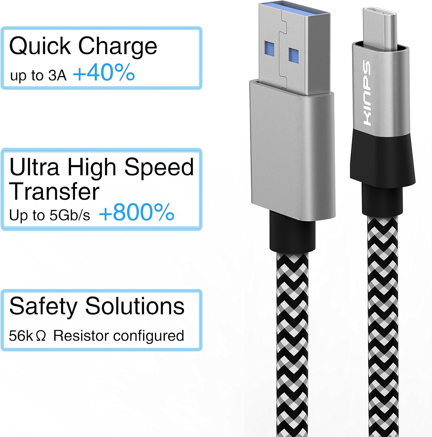 KINPS USB Type C Cable, 3ft/1m Fast Charger Braided Cord USB C to USB A 3.0 for Pixel 4/4XL, Samsung Note 10/S8/S9, Huawei Mate 30/P20, One Plus 6T/7, Nintendo Switch and More