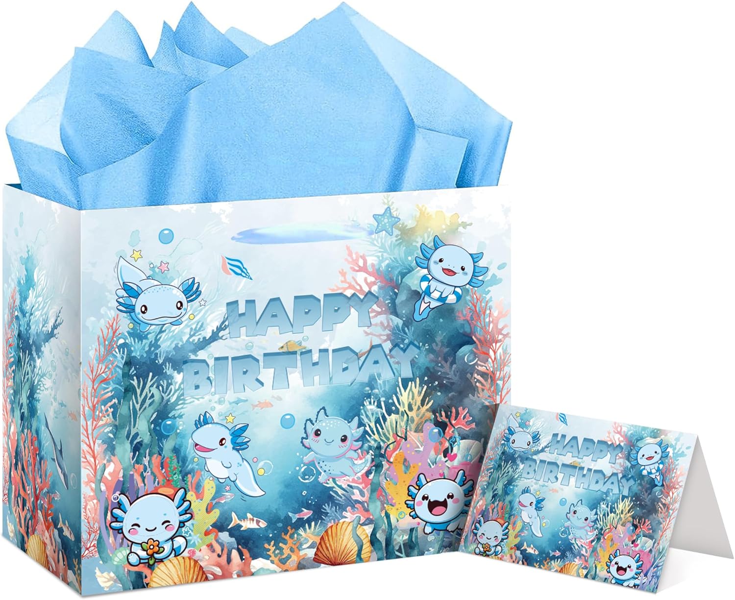 Axolotl Birthday Gift Bag Favors - Blue Cute Animal Party Favor Bags with Tissue Paper and Greeting Card Cartoon Birthday Gifts Wrapping for Kids Axolotl Party Salamander Themed Decoration Favors