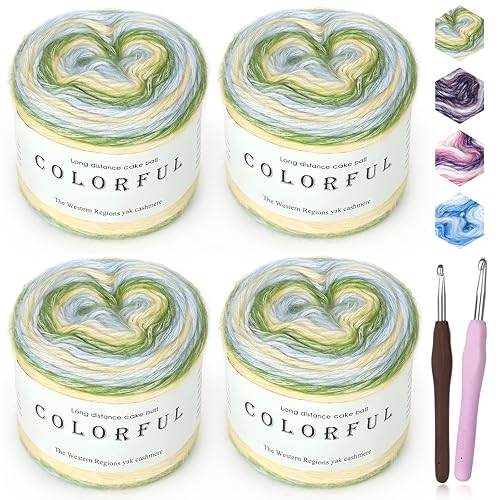 Reessy Ombre Yarn, 4 × 100g Green Gradient Cake Yarn Set Includes 2 Crochet Hooks- 60% Cotton 30% Acrylic 10% Wool - Super Soft Wool Yarns for Crocheting and Knitting - Gradient Green
