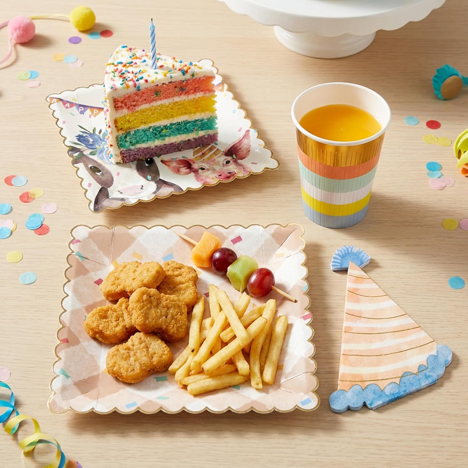 Birthday Disposable Dinnerware Set by Charlies Party Supply – 8 Each: Dinner Plates, Dessert Plates, Cups & 16 Napkins – Disposable Animal-Themed Tableware Set for Kids Birthday Party