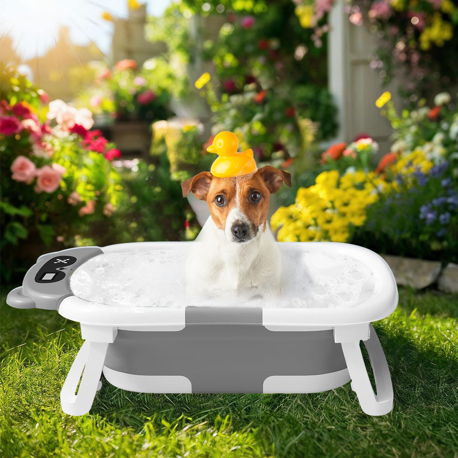 LiveGo Bañera para bebé, bañera plegable para bebé, bañera plegable para recién nacidos a niños pequeños, bañera portátil de viaje con monitor de temperatura en tiempo real + cojín suave, juego de