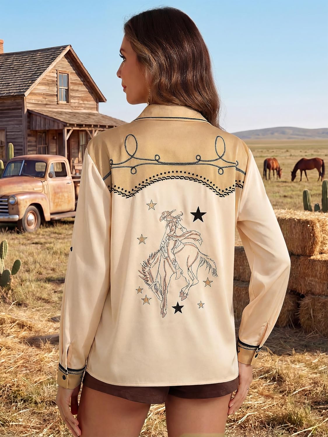 MYMORE Women's Western Cowgirl Rodeo Print Shirt Top Country Concert Outfit
