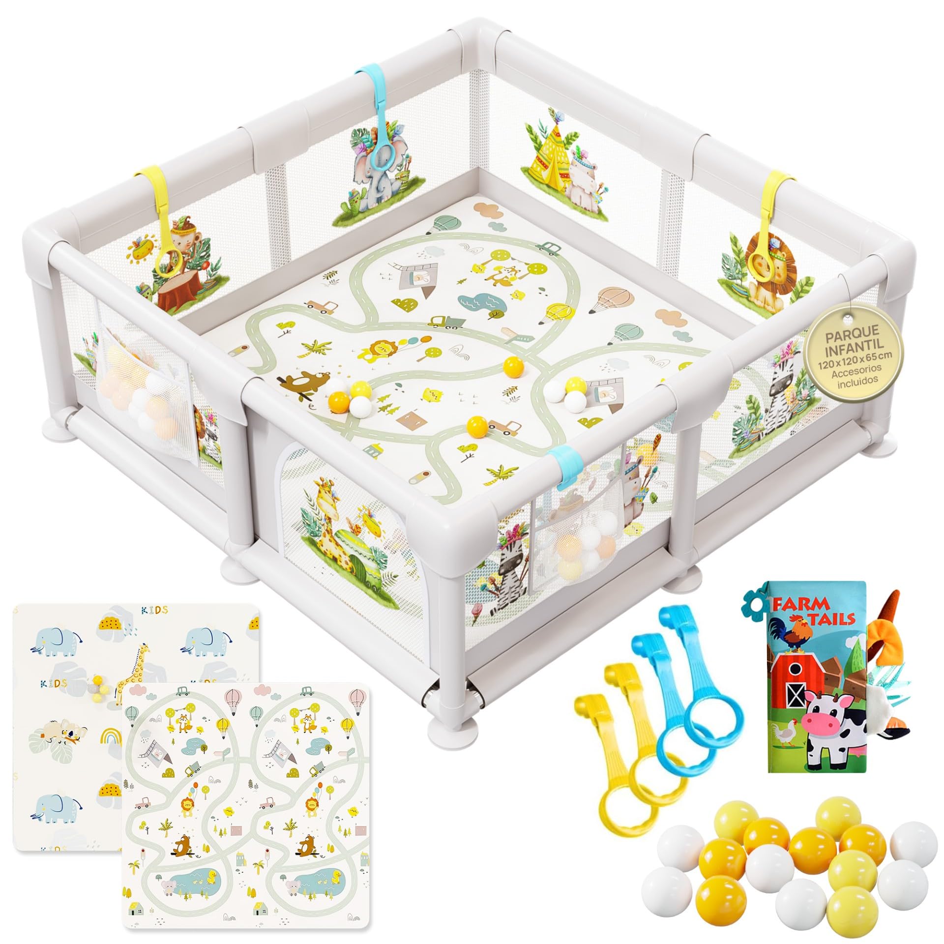 Parque Infantil Bebé 120x120cm con Malla Ilustrada y Esterilla Reversible – Corralito Acolchado Seguro, Libro Sensorial, Bolas y Agarraderas | AKERAQ