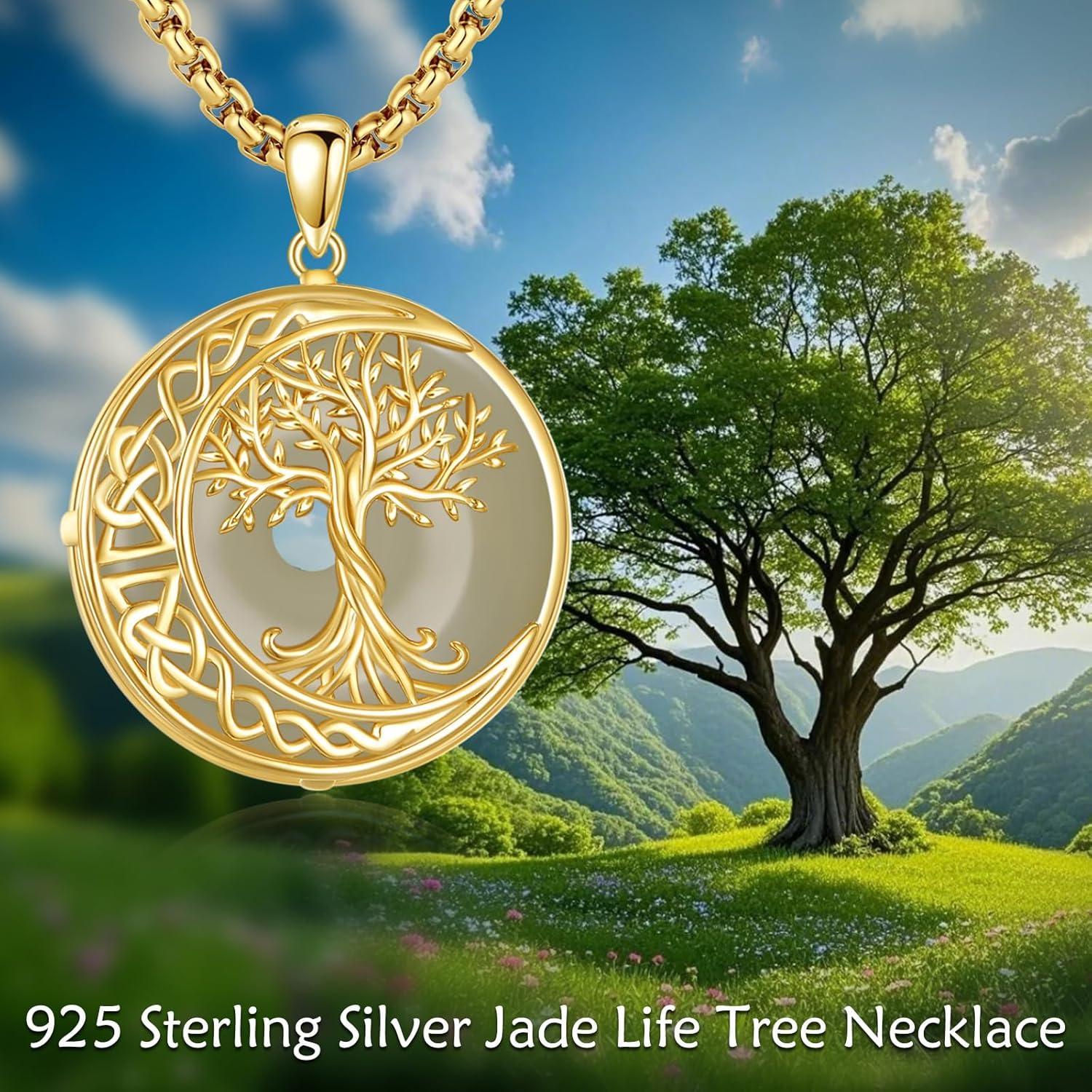 Tree of Life Necklace 925 Sterling Silver Genuine Jade Pendant Gold Plated Celtic Knot Moon Jewelry Gifts For Women Men
