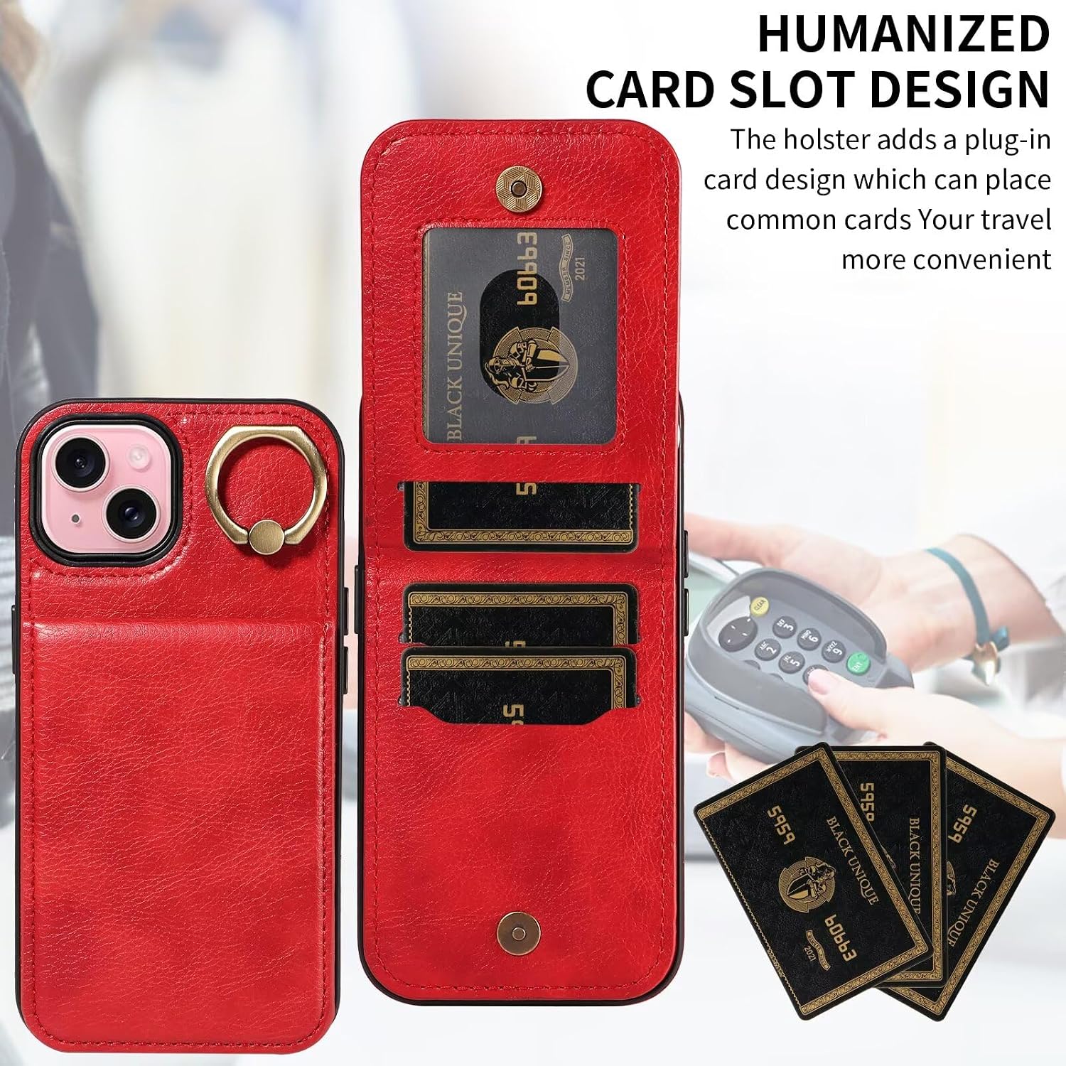 Caseurban Compatible with iPhone 15 Wallet Case with Card Holder, Ejector Pin & SIM Card Storage, 360° Rotation Ring PU Leather Kickstand Card Slots Case Shockproof Protective Phone Cover Red