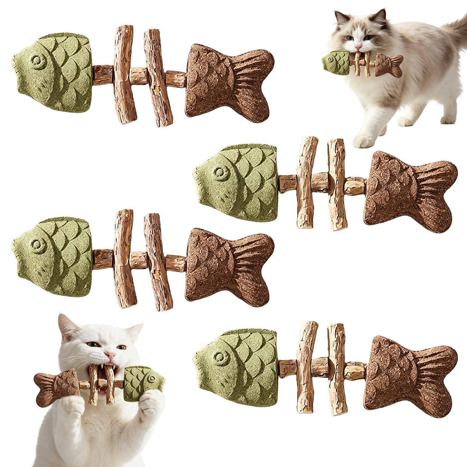 Viilich 4 Pack Fishbone Cat Chew Sticks, Mixed Catnip and Silvervine Flavoured Dental Teething Toys, Textured Oral Care Chews for Kittens & Adult Cats, Cats Teeth Cleaning