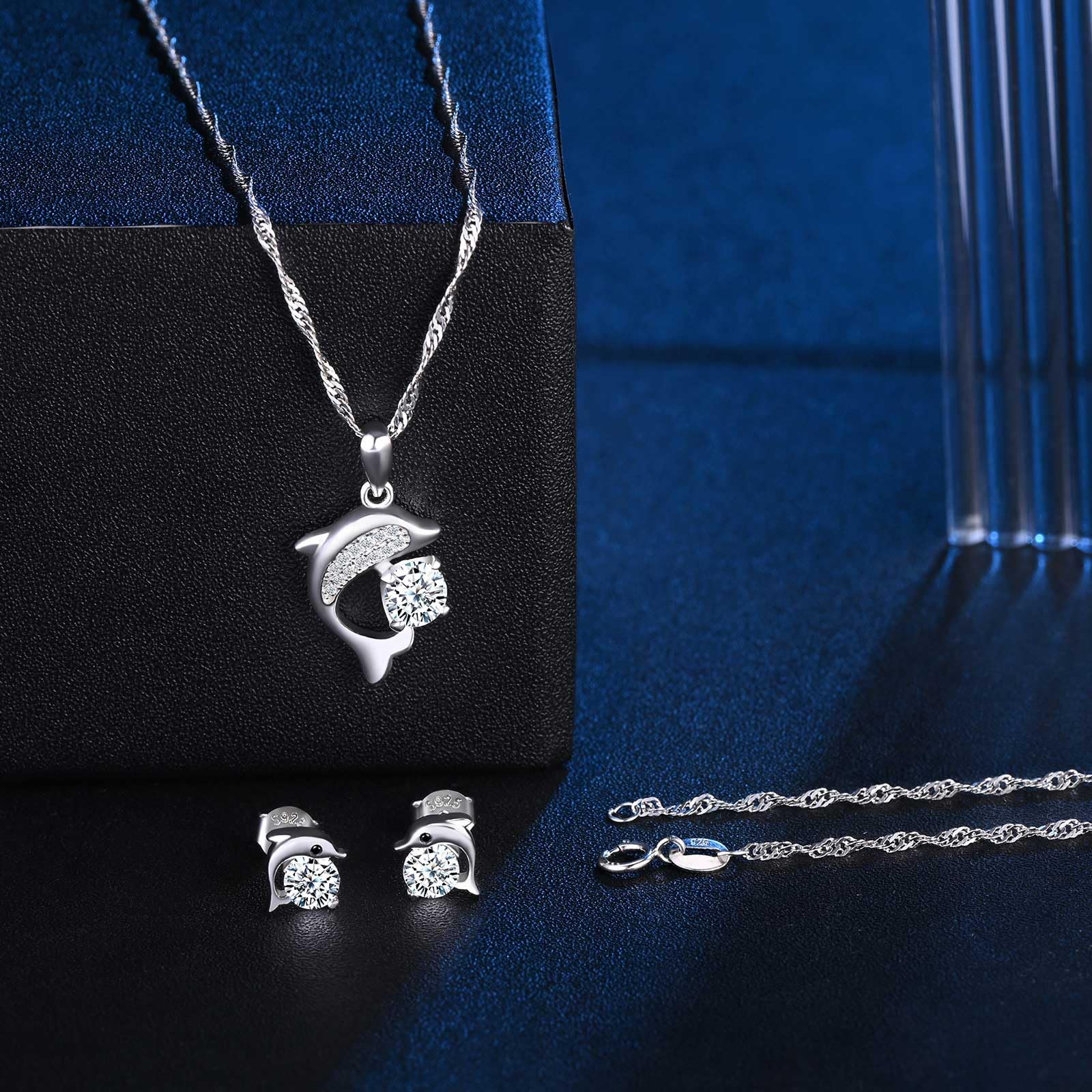 Argento 925 Set di gioielli da Donna Collana e Orecchini Delfino con Zirconi: Per Spiaggia, Festa in Casa, Elegante Parure Gioielli per Donne e Ragazze