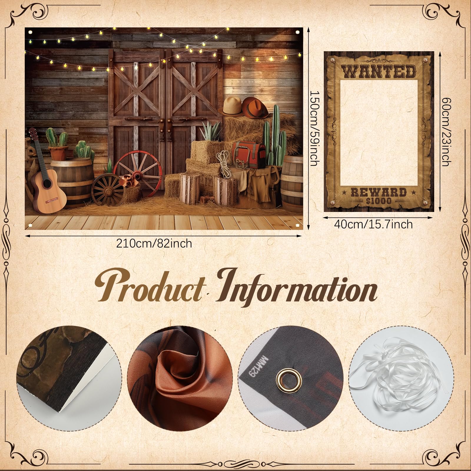 Motipuns Western Cowboy Party Decorations - Backdrop and Wanted Photo Booth Set, Rodeo Photoshoot Fun Selfie Frame Supplies for Adult Birthday Decor