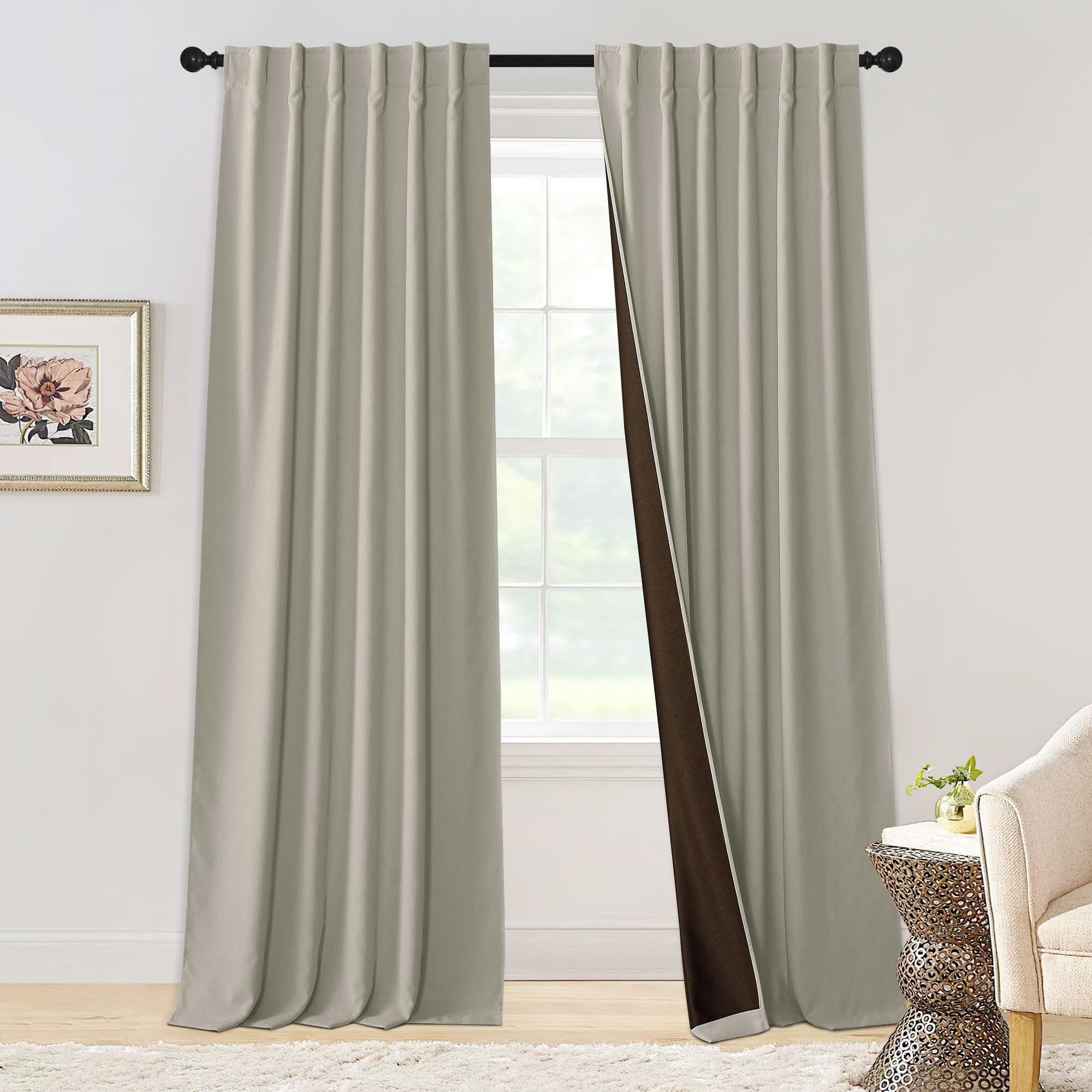 (incomplete only 1 panel) NICETOWN Chenille Velvet Curtains 96 inches Length 2 Panels - Luxury Room Darkening Curtains for Bedroom Living Room Thermal Insulated Rod Pocket Back Tab Window Drapes, W52 x L96 inches, Sand