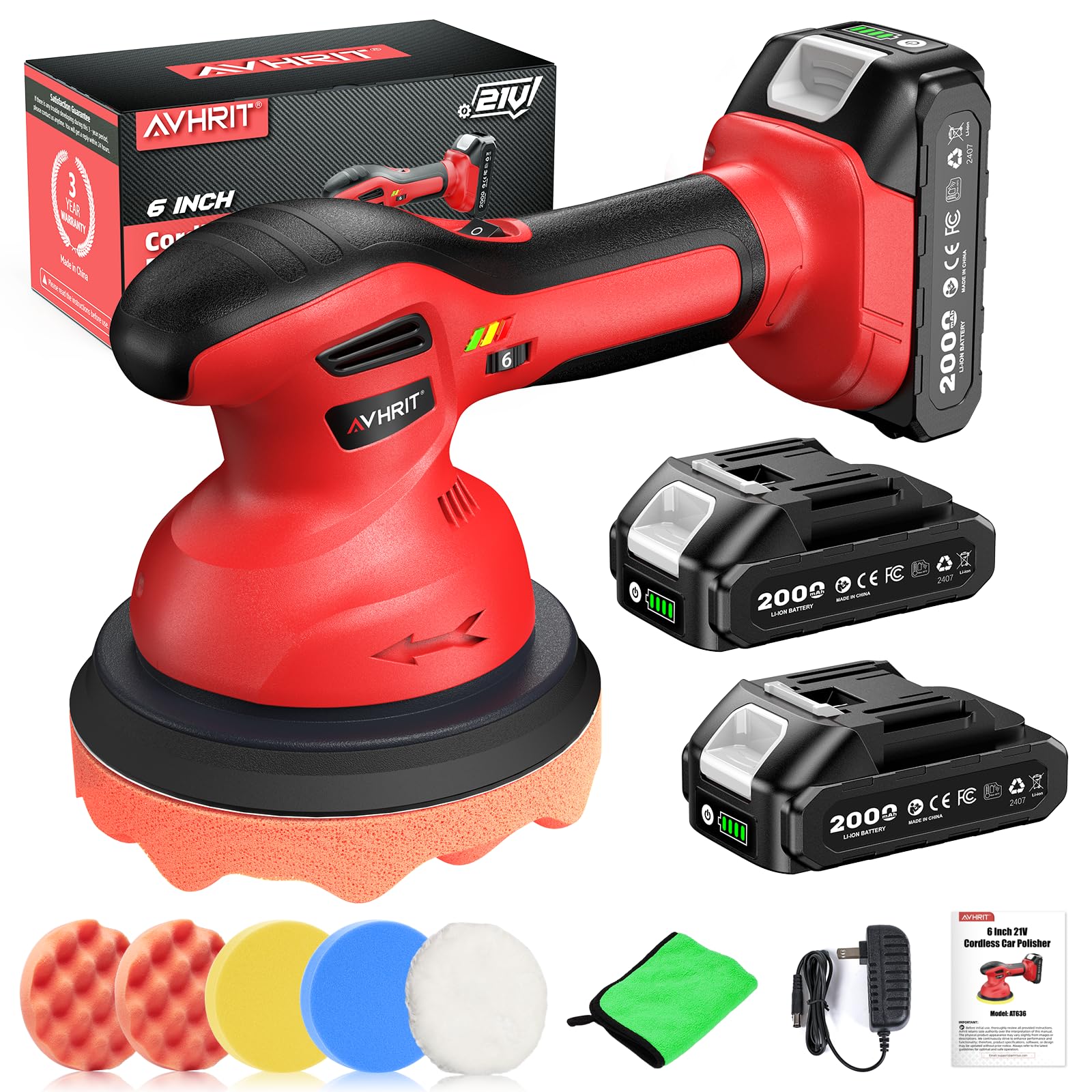 Cordless Car Buffer Polisher kit w/ 2x2000mAh 21V Batteries, 6 Inch Car buffer Waxer Kit w/ 6 Variable Speed & Extra 10 PCS Attachments, Polisher for Car Detailing,Boat Sanding,Scratch Removing