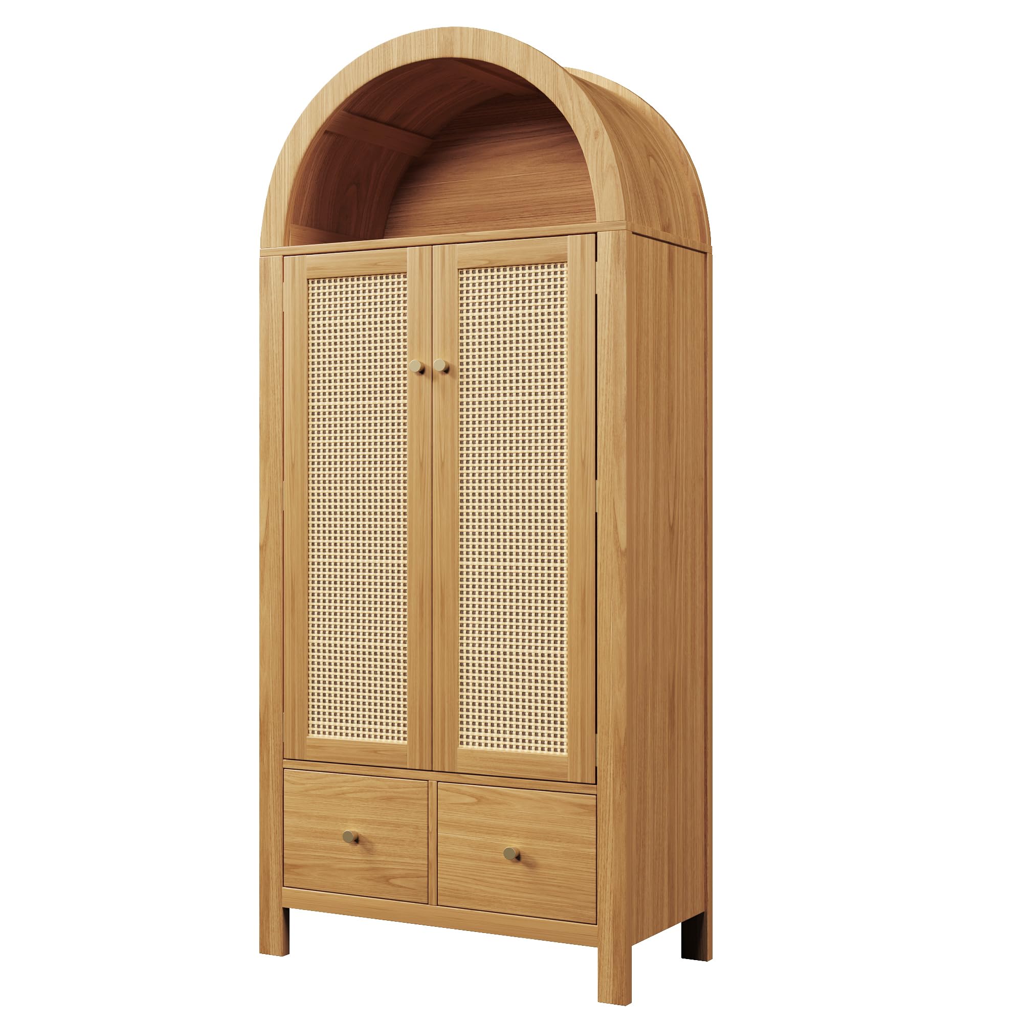 Moimhear Armario 181 x 78 x 45 cm con trenzado de ratán, estante semicircular abierto, 2 puertas con cierre magnético, 2 cajones (roble)