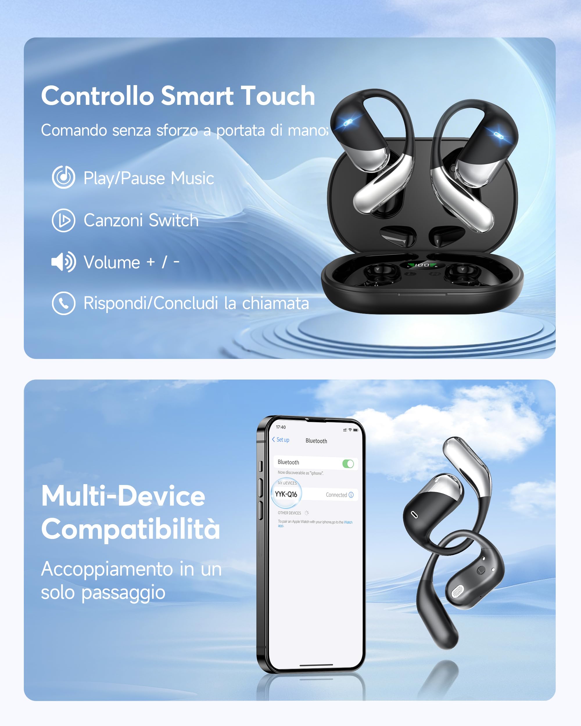 Cuffie Bluetooth Auricolari Bluetooth 6.1, 2026 Sport Cuffiette Wireless, Cuffie Open Ear 60 Ore di Riproduzione, Cuffie Senza Filo HiFi Stereo IP7 Impermeabili, Auricolare Bluetooth per iOS & Android