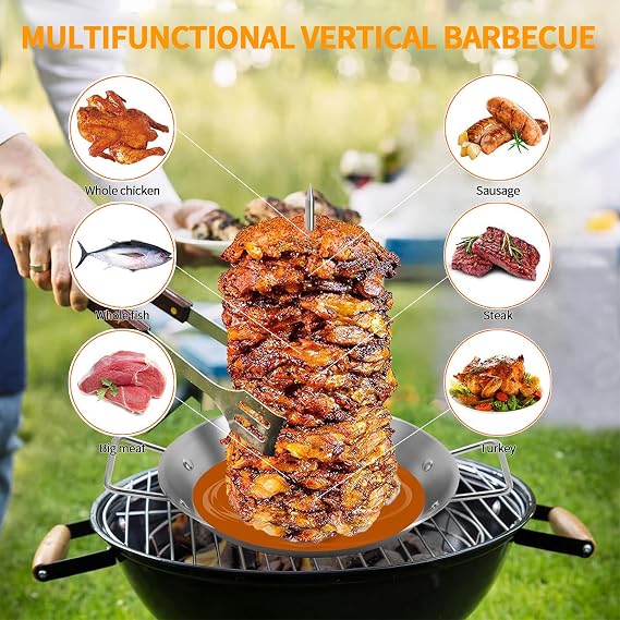 Vertical Kebab Skewer Vertical Skewer Made of Stainless Steel for Barbecue Grill Doner Skewer Grill Stainless Steel Vertical Cooking Grate Meat with 4 Removable Skewers & 2 Brushes & Oil Jug
