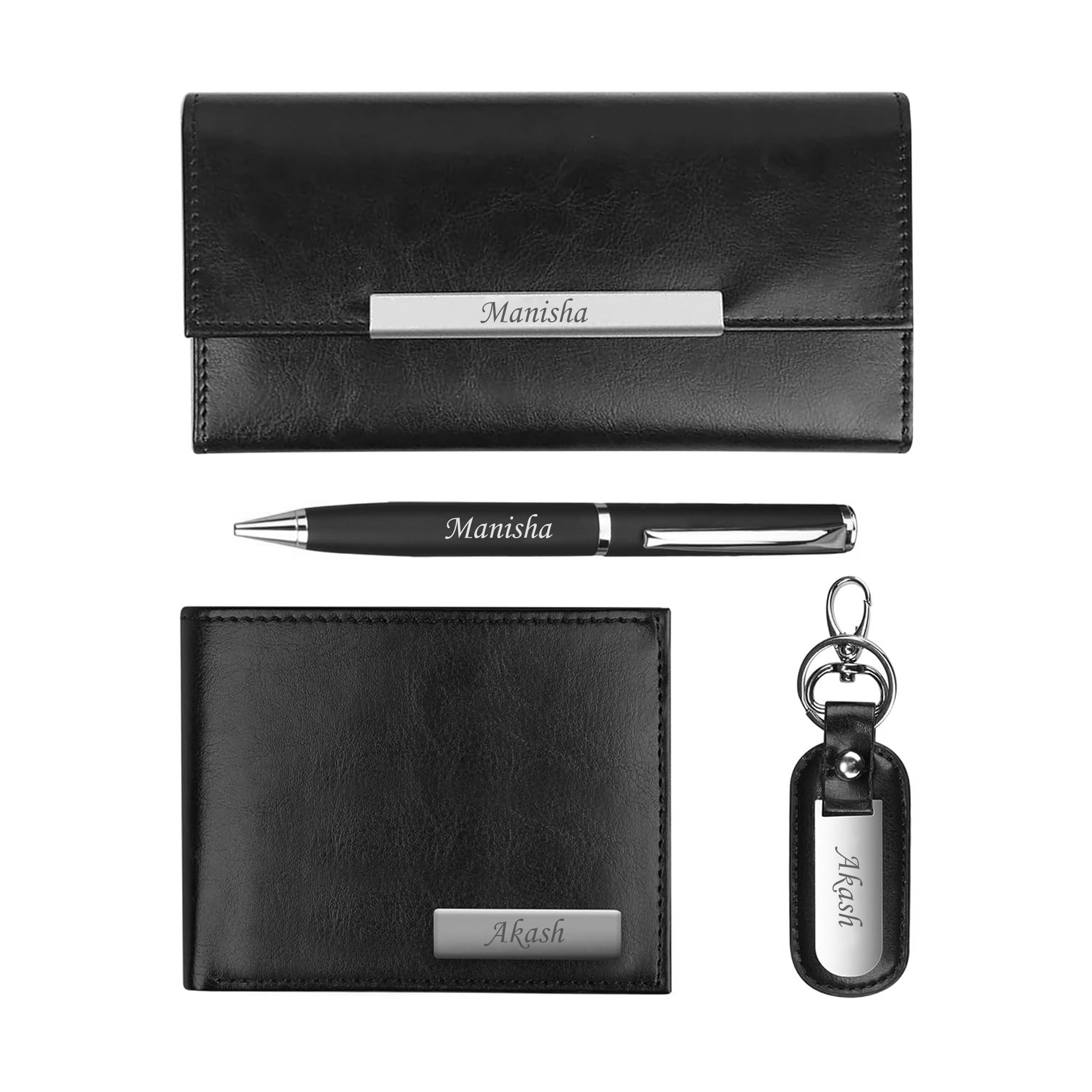 the wallet store Personalized Name Vegan Leather Wallet for Men & Clutch for Women with Leather Keychain and Metal Pen Couple Gift Set (Black)-picture-24