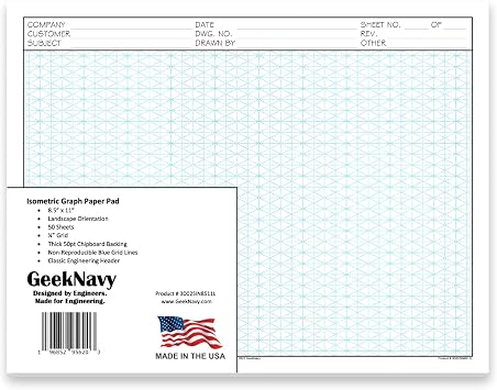 GeekNavy 8.5" x 11" Isometric Graph Paper 50 Sheets Landscape - 0.25" Grid, Non-photo Blue, High Brightness, Drafting, Engineering, Art, 3D Design 1-Pack