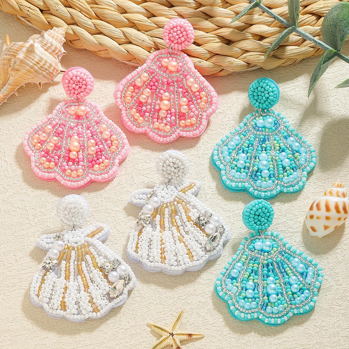 3 Pairs of Beaded Seashell Starfish Earrings Set for Women, Light Pink Blue Dainty Shellfish Dangle Earrings with Rhinestones, Boho Summer Beach Nautical Jewelry Gift (2 Set) - Image 2