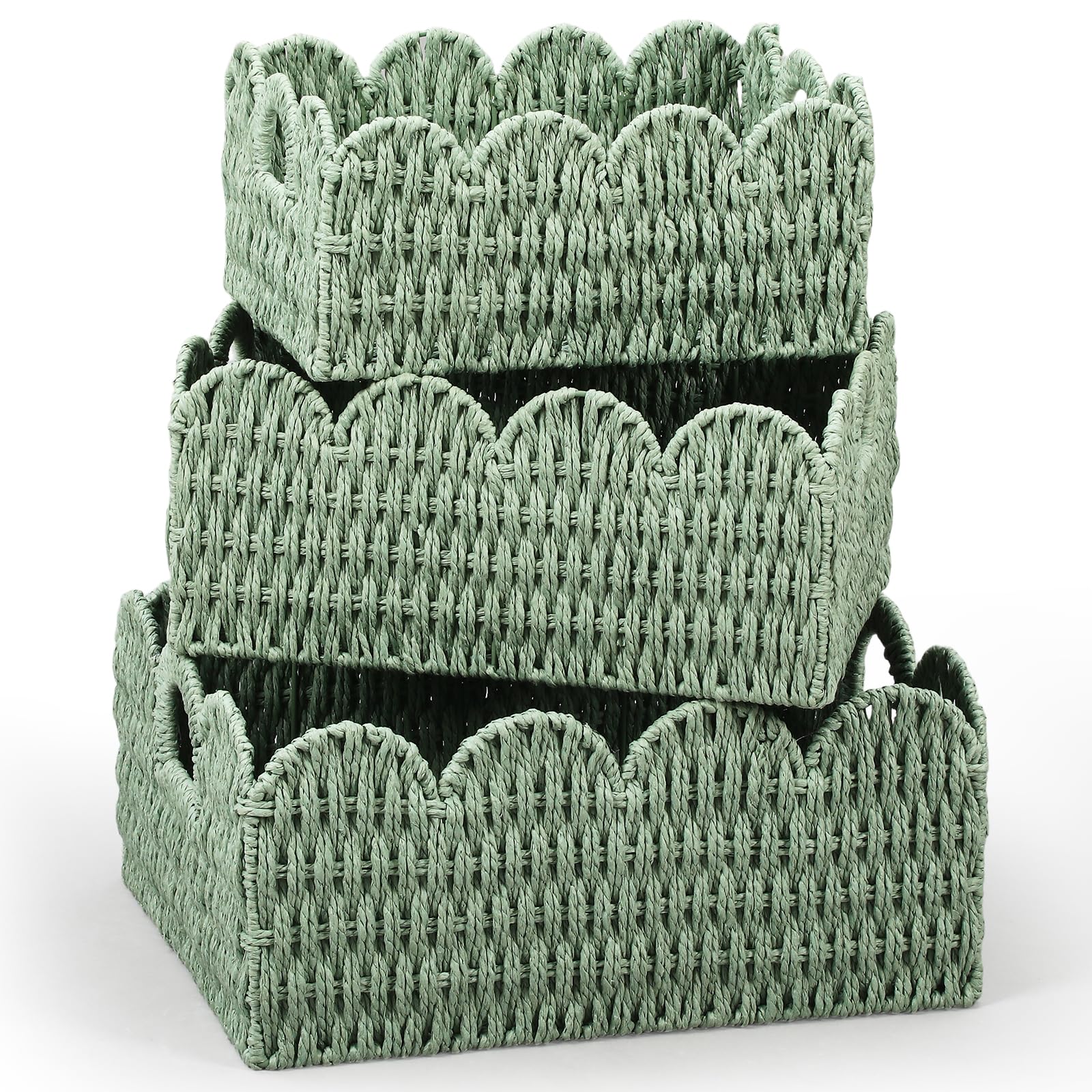 Newtay Juego de 3 cestas de mimbre festoneadas de cuerda de papel, cestas de almacenamiento de pañales, contenedores tejidos decorativos verde salvia con asas para estantes de guardería, libros