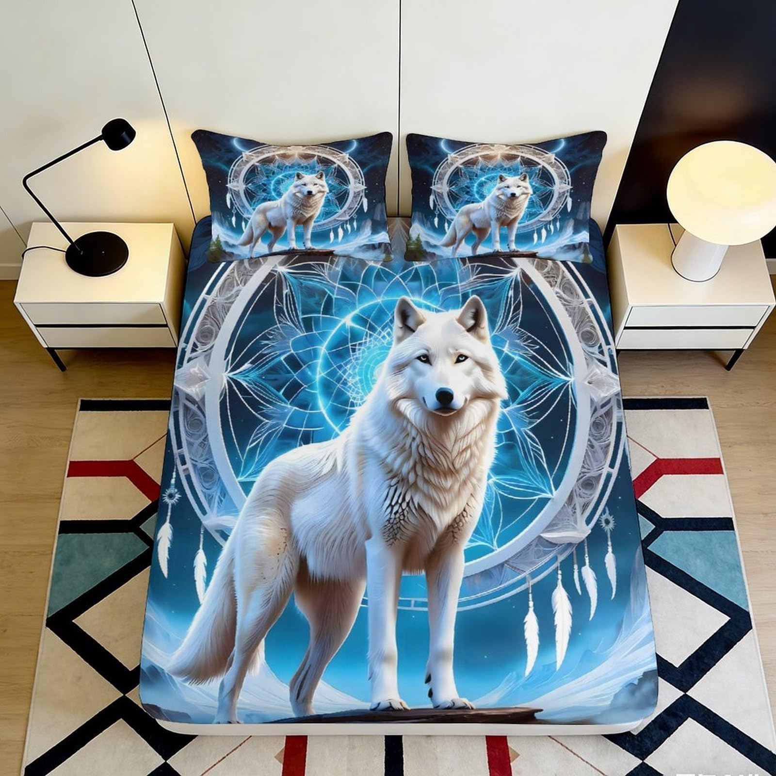 Pnayamiorkfel Style-4 3D Printed White Wolf Dreamcatcher Fitted Sheet Microfiber Soft Bed Cover For Bedroom Guest Room Decor 90X200x25cm