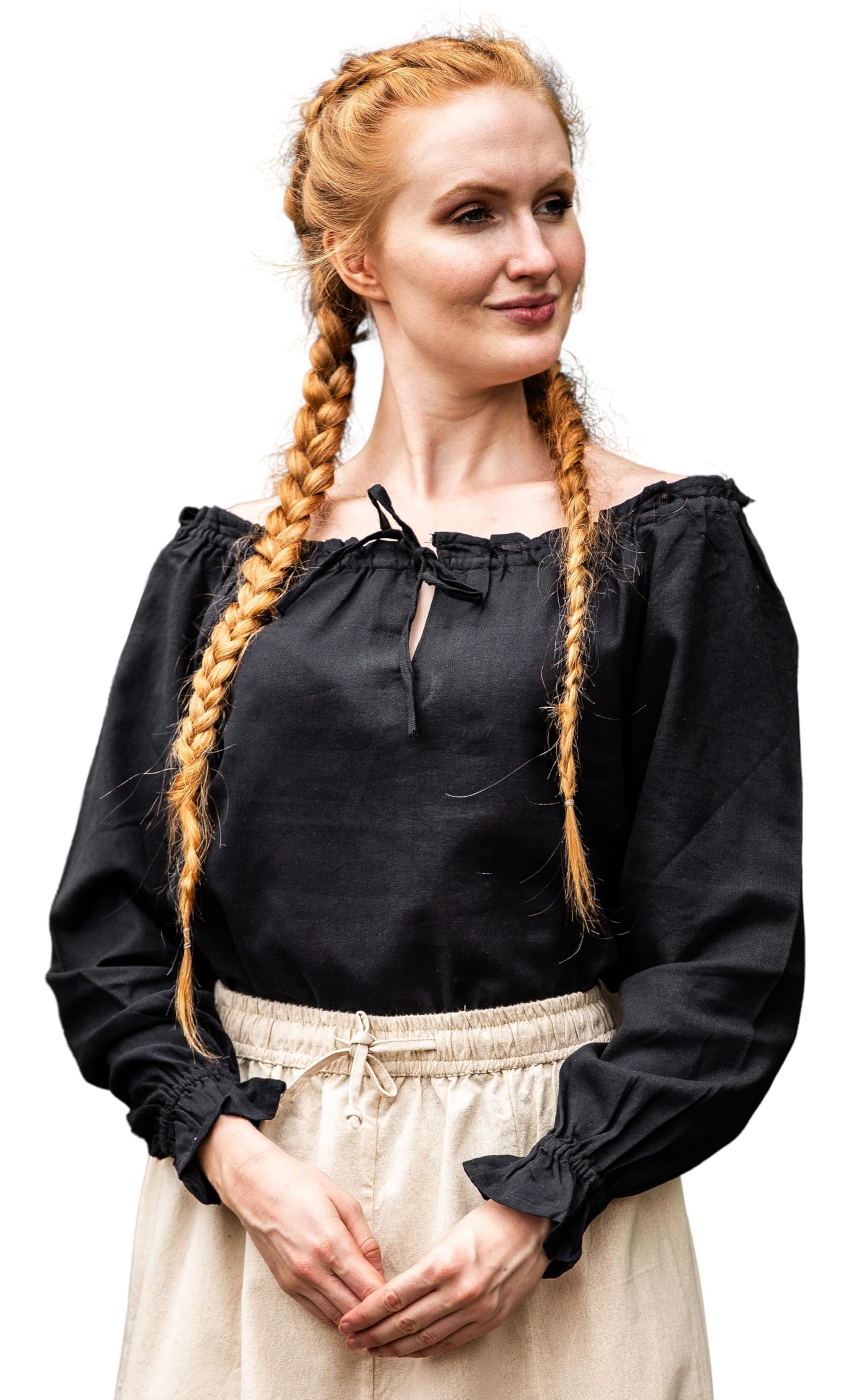Leonardo Carbone® Damen Bluse Mittelalterbluse Edith | Offenschulterig | Rüschenärmel | Karneval, Halloween, Cosplay, LARP, Kostüm, Mittelalter, Festkleidung | 100% Baumwolle Schwarz L