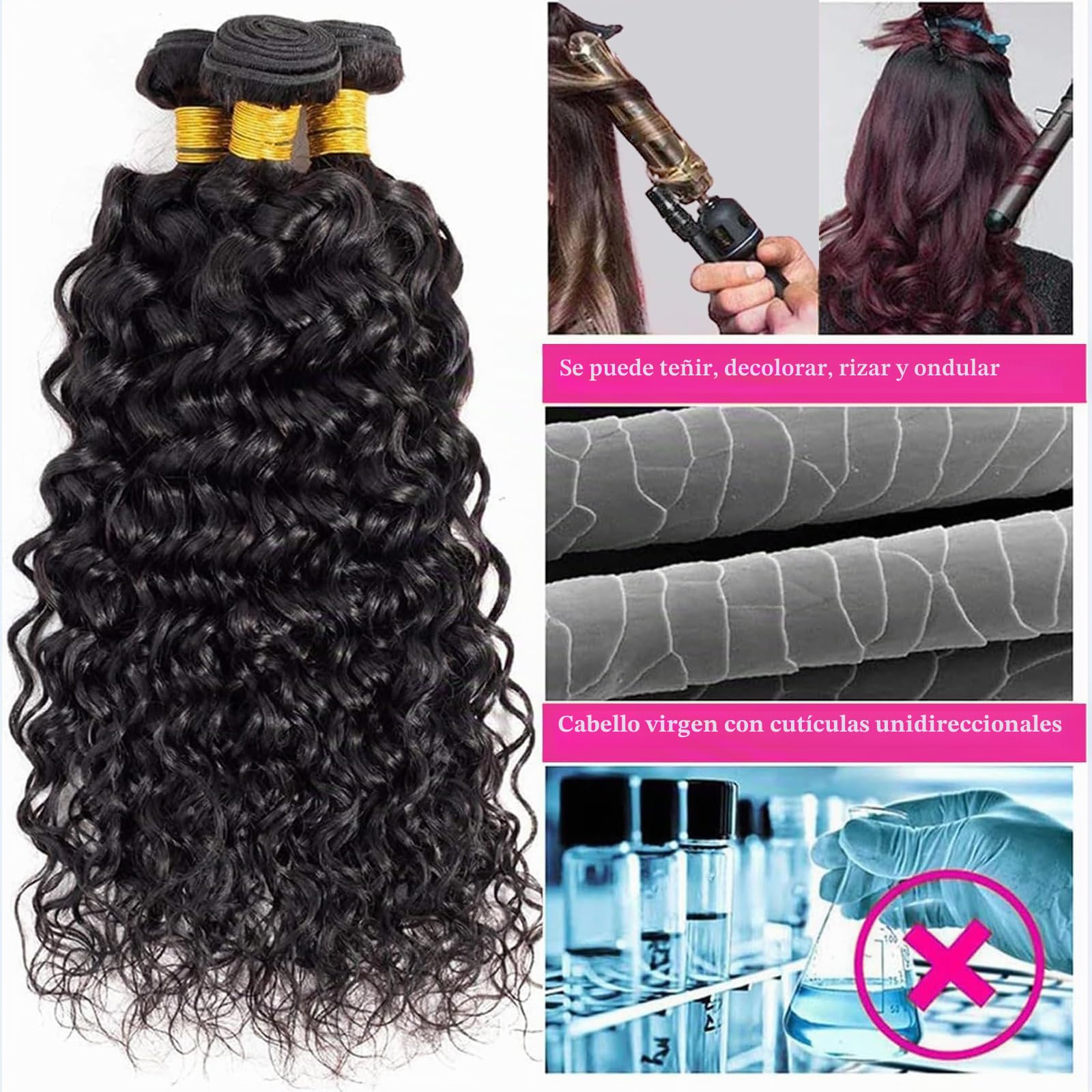 Water Wave Human Hair Bundles 12 14 16 pulgadas Curly Extensiones de Cabello Humano Rizado Brasileño 3 Paquetes 100g/paquete (Total 300g) Color Natural