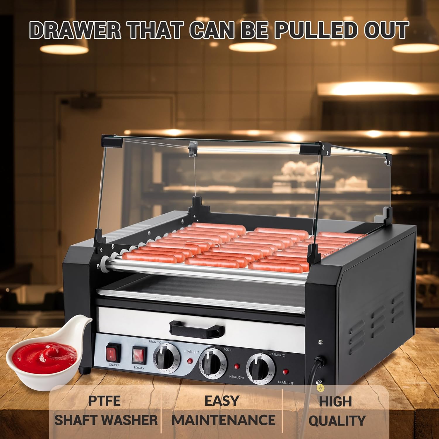 Hot Dog Roller Machine Commercial 11-Roll Stainless Steel Sausage Grill, 30-Capacity with Dual Temperature Control & Glass Hood - 1950w Heavy Duty for Food Trucks, Parties, Events, Restaurants