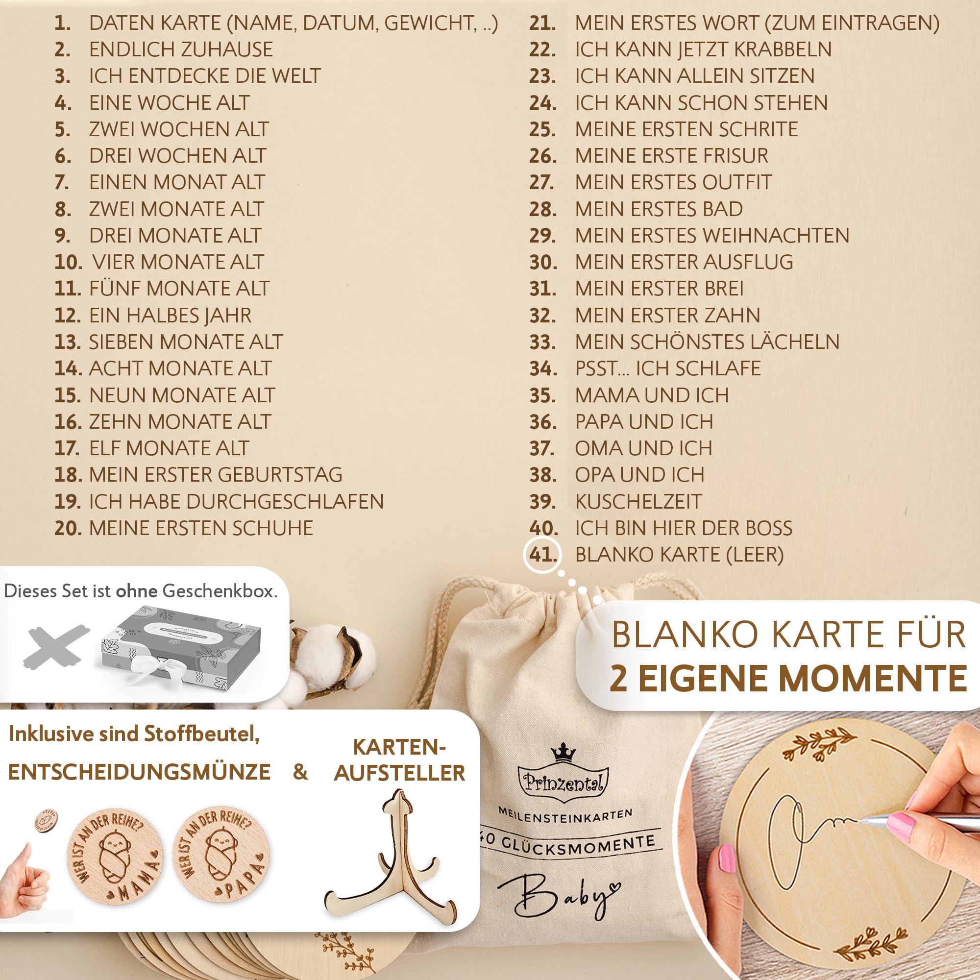 Meilensteinkarten Baby aus Holz | 40 Meilensteine auf edlen Holzscheiben | Mit Blanko Karte und Stoffbeutel | Geschenk zur Schwangerschaft | Zeitloses Design & Premium Qualität