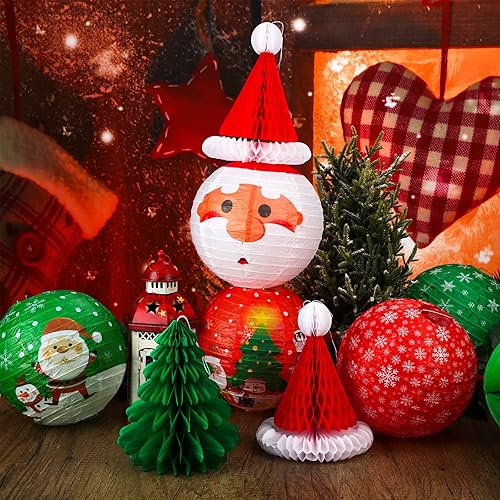 Miniatura 4 de Juego de 17 linternas de papel colgantes de Navidad 3D para Papá Noel, linterna de papel, sombrero de Papá Noel, árboles de Navidad, bolas de panal