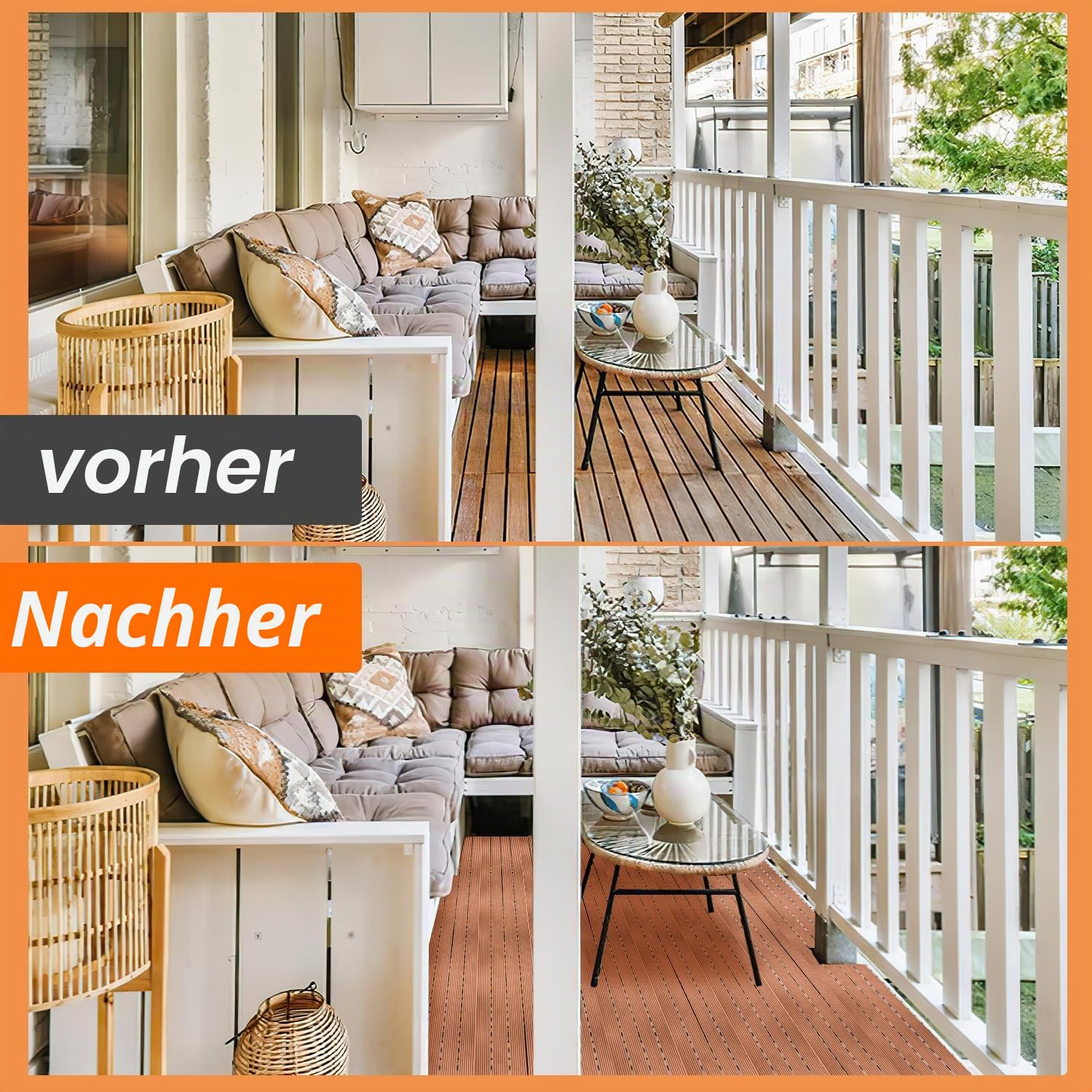 30x60cm WPC Terrassenfliesen, 60 Stück /10m² WPC Fliesen Balkonfliesen, Wasserfest und Rutschfest, mit Drainage und Klicksystem, Leicht zu verlegen, Braun