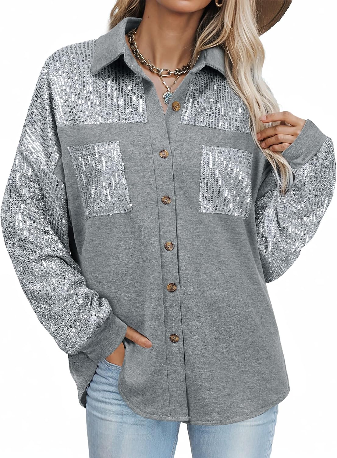 Ezcosplay Women Button Down Shirt Sparkly Sequin Shacket Long Sleeve Glitter Casual Outerwear Tops