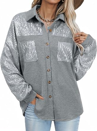 Ezcosplay Women Button Down Shirt Sparkly Sequin Shacket Long Sleeve Glitter Casual Outerwear Tops