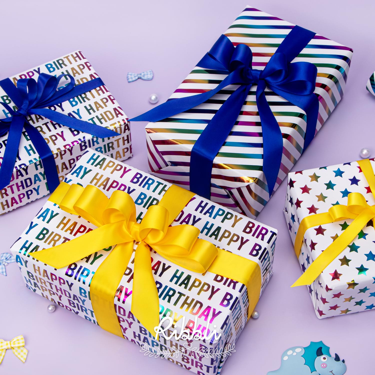 Ribbli Papel de regalo de cumpleaños iridiscente de 30 pulgadas, 4 rollos de papel de regalo de feliz cumpleaños, lunares, rayas, estrellas, surtido de 120 pulgadas por rollo