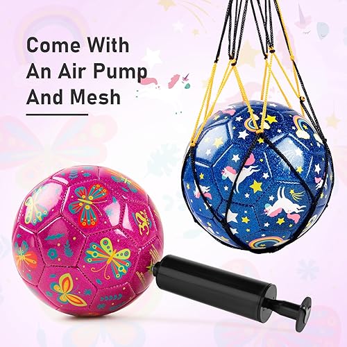 Miniatura 4 de ZOOJOY Balón de fútbol de tamaño 2 para niños pequeños de 1 a 3, paquete de 2 bolas de dibujos animados para niños con bolsa de malla de bomba,