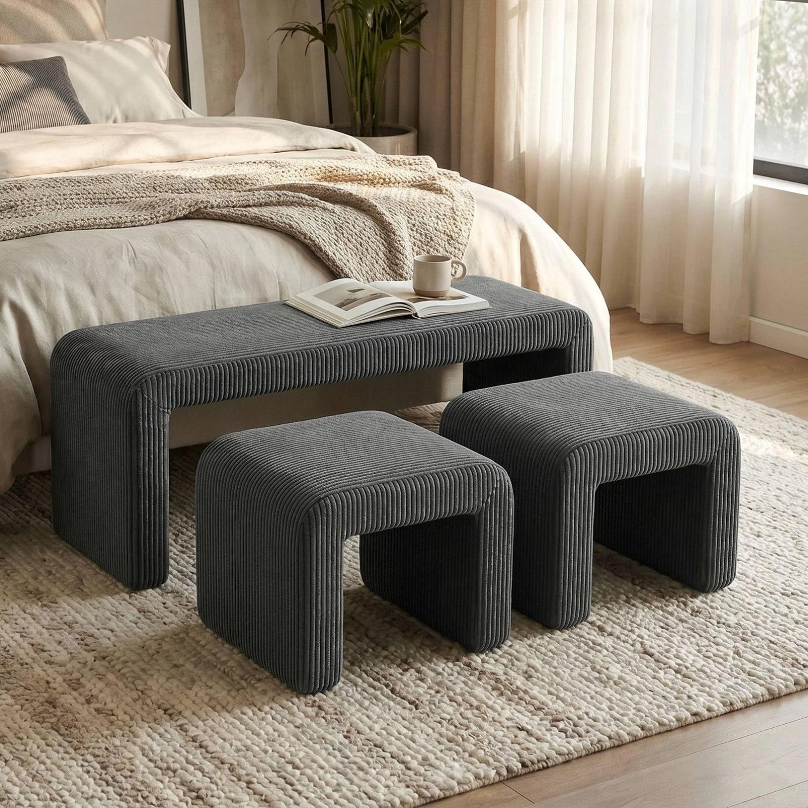 Clevich Juego de 3 Bancos tapizados, Banco al pie de la Cama, con 2 taburetes pequeños, cómodo Banco de Entrada/tocador, Moderno Banco Curvo, para Sala de Estar/Dormitorio/Entrada, Gris