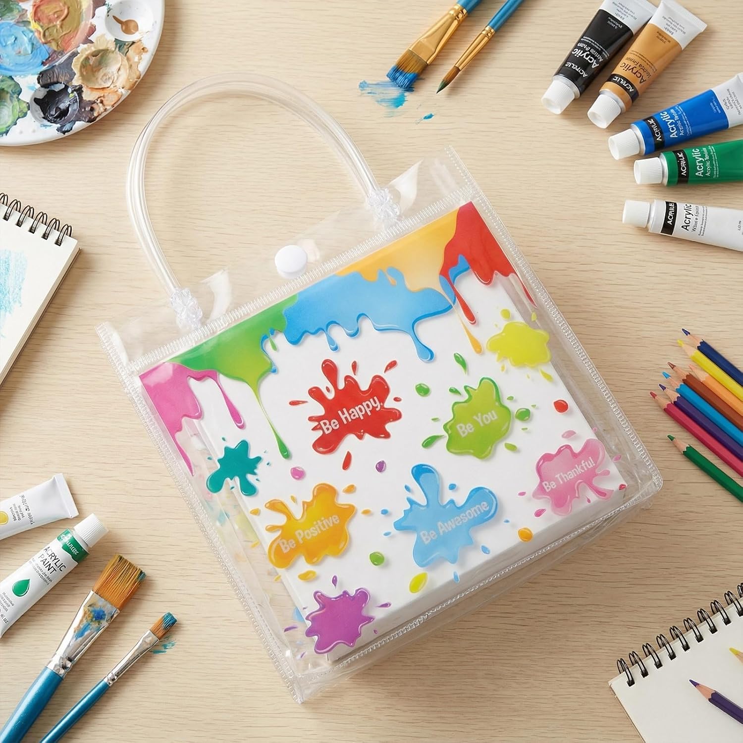 Kolldenn 24 Pcs Art Paint Party Favor Bags Plastic Clear PVC Gift Bags with Handles Colorful Artist Splatter Goodie Candy Bag for Birthday Baby Shower School Classroom Supply 6x6x3inch(Motivational) - Image 2