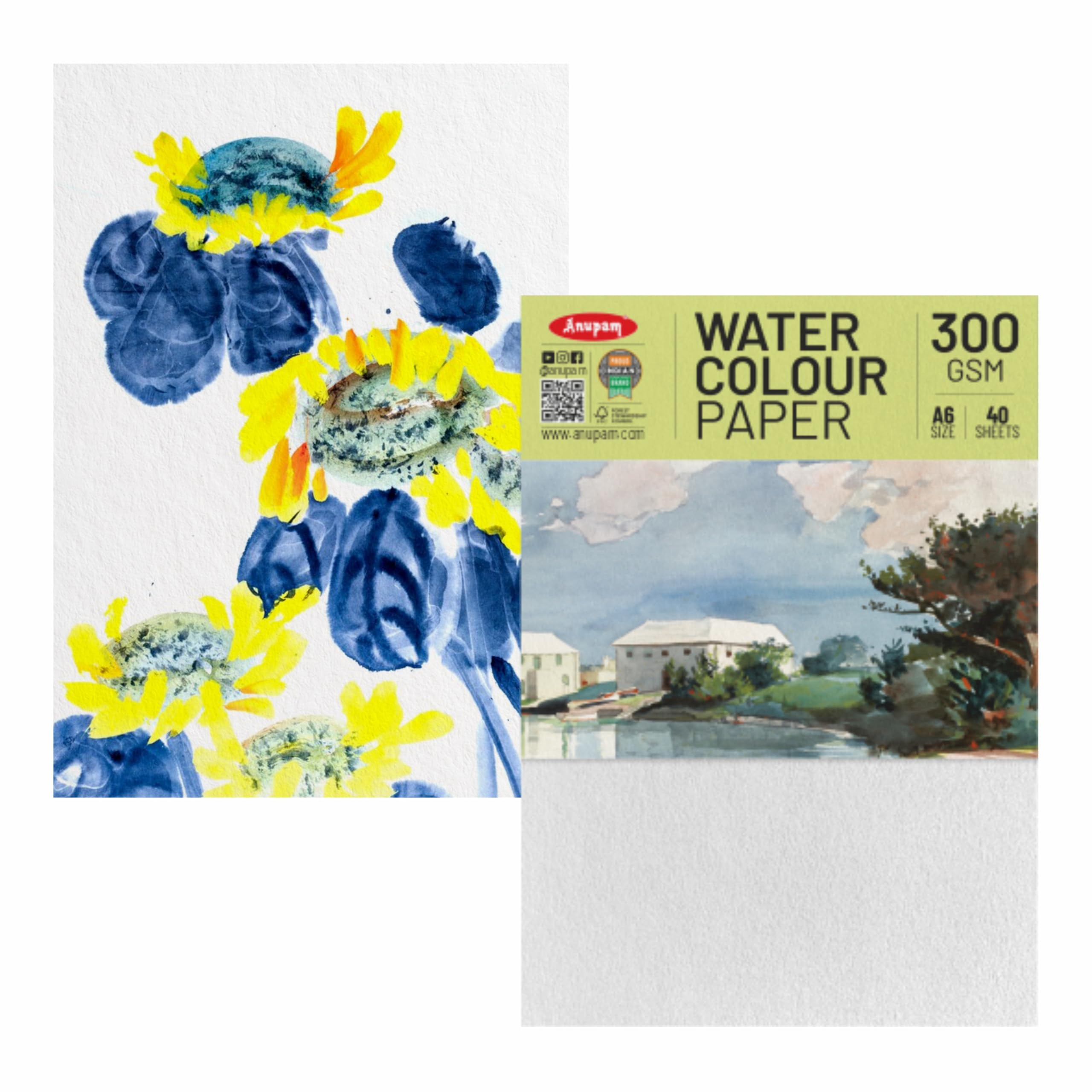 Anupam Aquarellpapier - 300 g/m² - pH-neutral - säurefrei - Kaltpresspapier - 40 Blatt - A6
