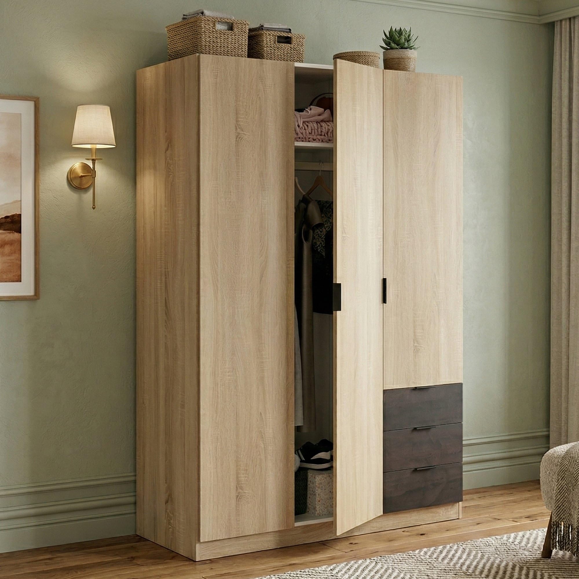 Dmora Eiche - Garderobe Allentown, Schlafzimmerschrank Mit 3 Türen Und 3 Schubladen, Schrank Mit Kleiderstange Und 3 Einlegeböden, Cm 121X52h180, Und Oxid