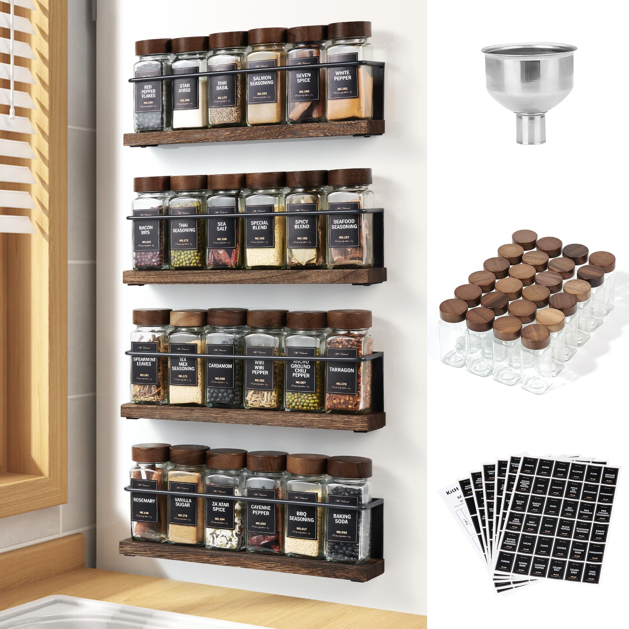 Amazon.com: KitHero Wooden Lid Magnetic Spice Rack with 24 Jars