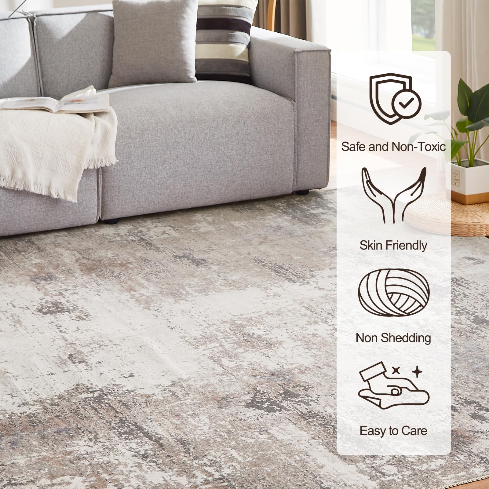 VK·LIVING Machine Washable Rug 5'x7' Abstract Washable Area Rugs for Living Room Non Slip Rugs for Bedroom Modern Woven Rug Boho Rug Soft Carpet Kitchen Dining Rugs Home Decor Office Rug (Brown)