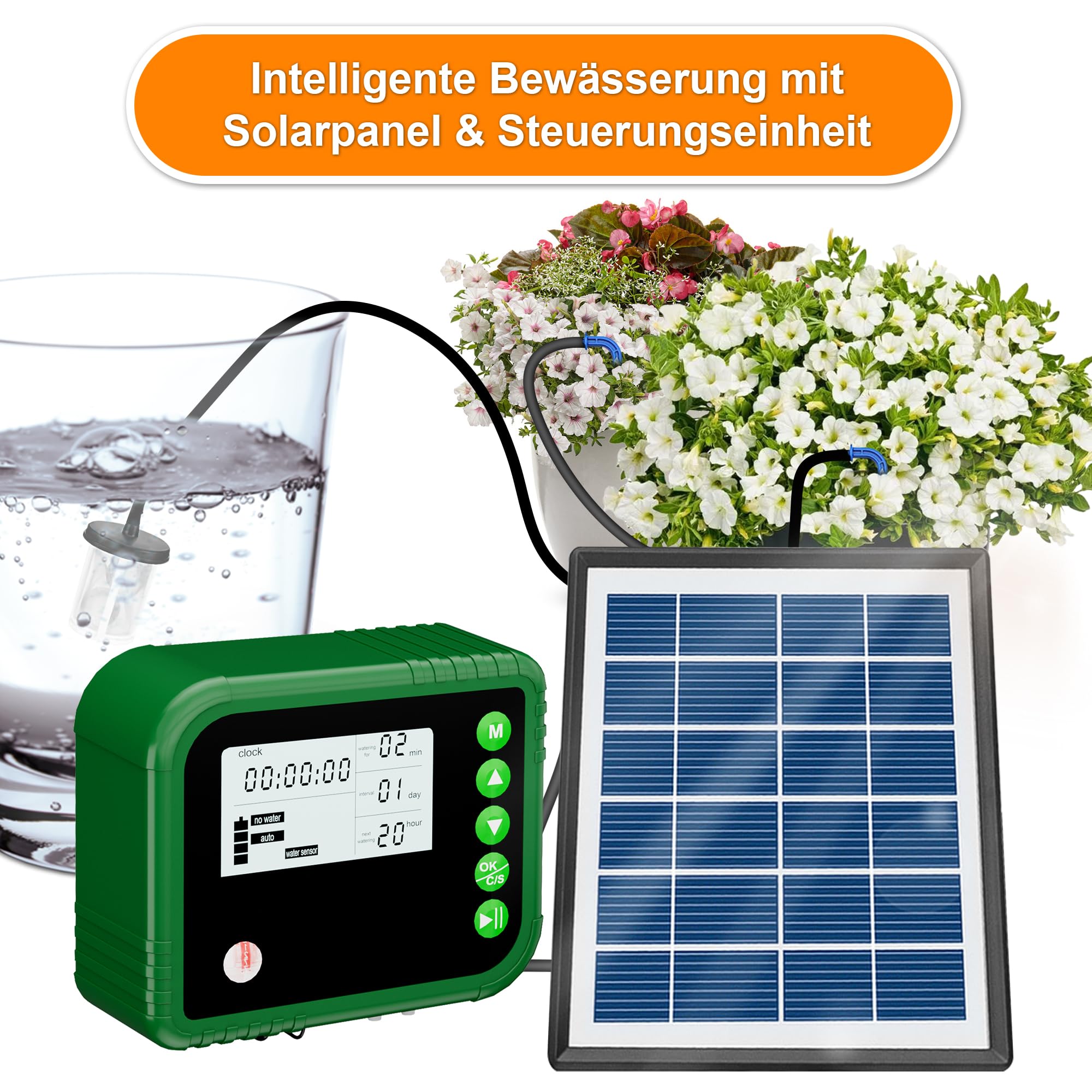 AMATHINGS Sistema di irrigazione solare BSV-IC018 completo sistema di irrigazione a goccia, sistema di irrigazione automatico da giardino, metro da 15 m, tubo per giardino, balcone, piante in vaso