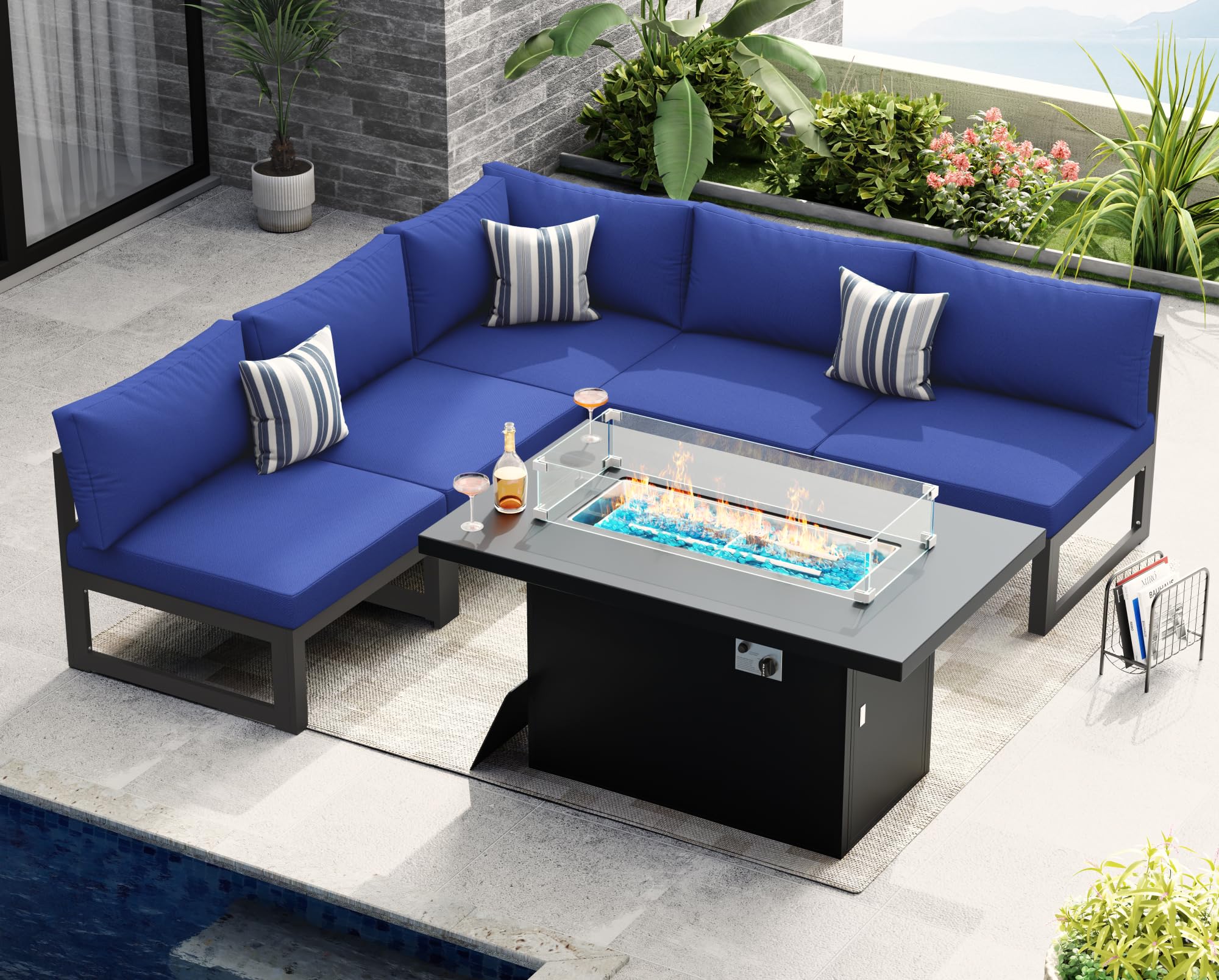 NICESOUL® 6 Piece Modern Extra-Large Aluminum Outdoor Patio Furniture Set with Firepit Table Propane/Natural Gas, 500lbs Heavy Duty 29'' Deep Wide