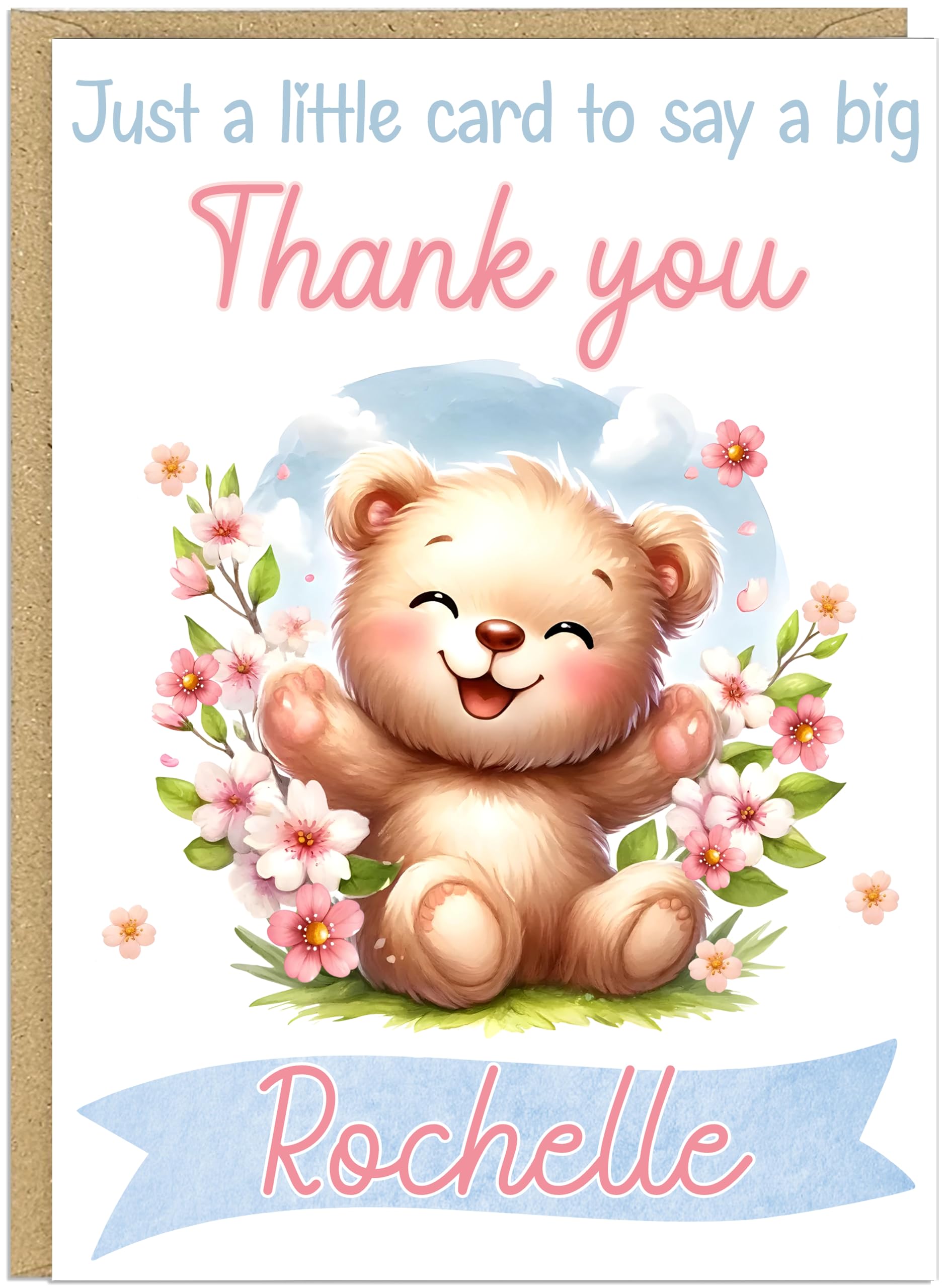 Personalised Thank You Card - Custom Add Own Name Cute Teddy Bear Floral Design - Just a Little Card to Say a Big Thank You - Any Occasion Gratitude Greeting Cards (Design 9)