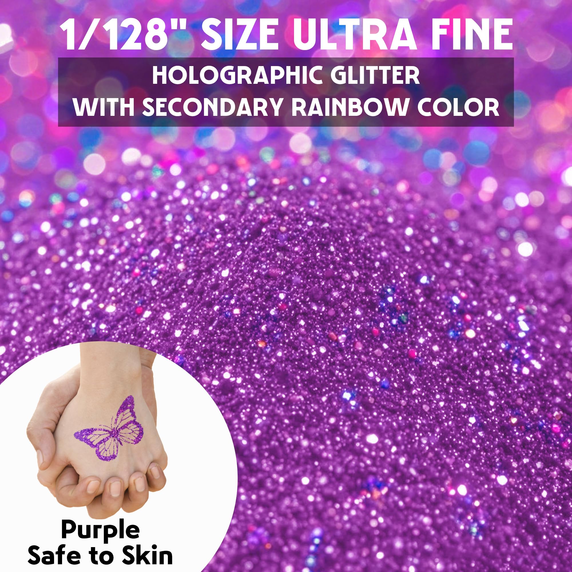 Glitter Olografici Ultrafini, Glitter Di Bellezza,Viola colore140g, Adatti Per Capelli, Viso, Corpo, Unghie e Trucco Natalizio. Adatti Anche Per Resina Epossidica, Vetro e Lavori Artigianali.