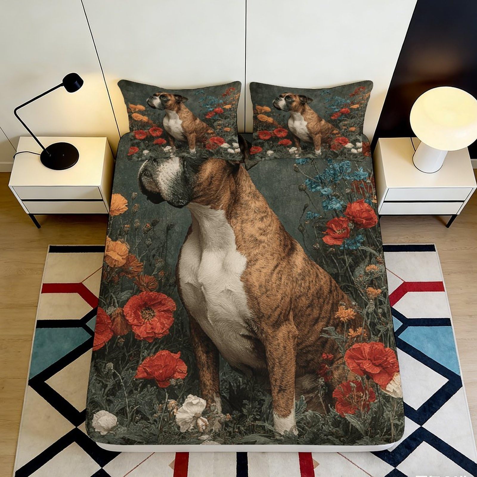 3D Printed Boxer Dog Floral Fitted Sheet Microfiber Soft Bed Cover for Bedroom Guest Room Decor Protection 90x200x25cm
